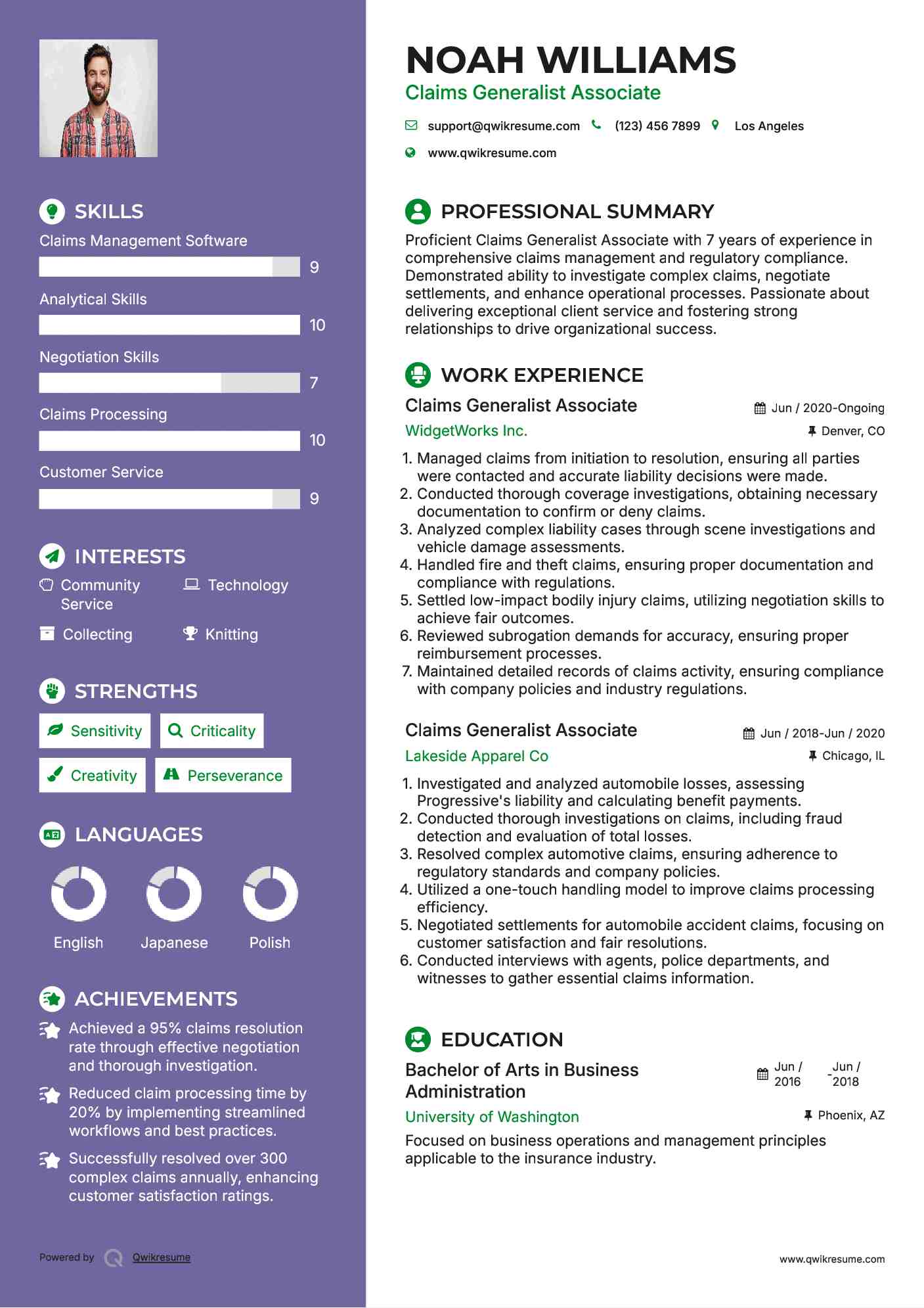 Claims Generalist Associate Resume Model