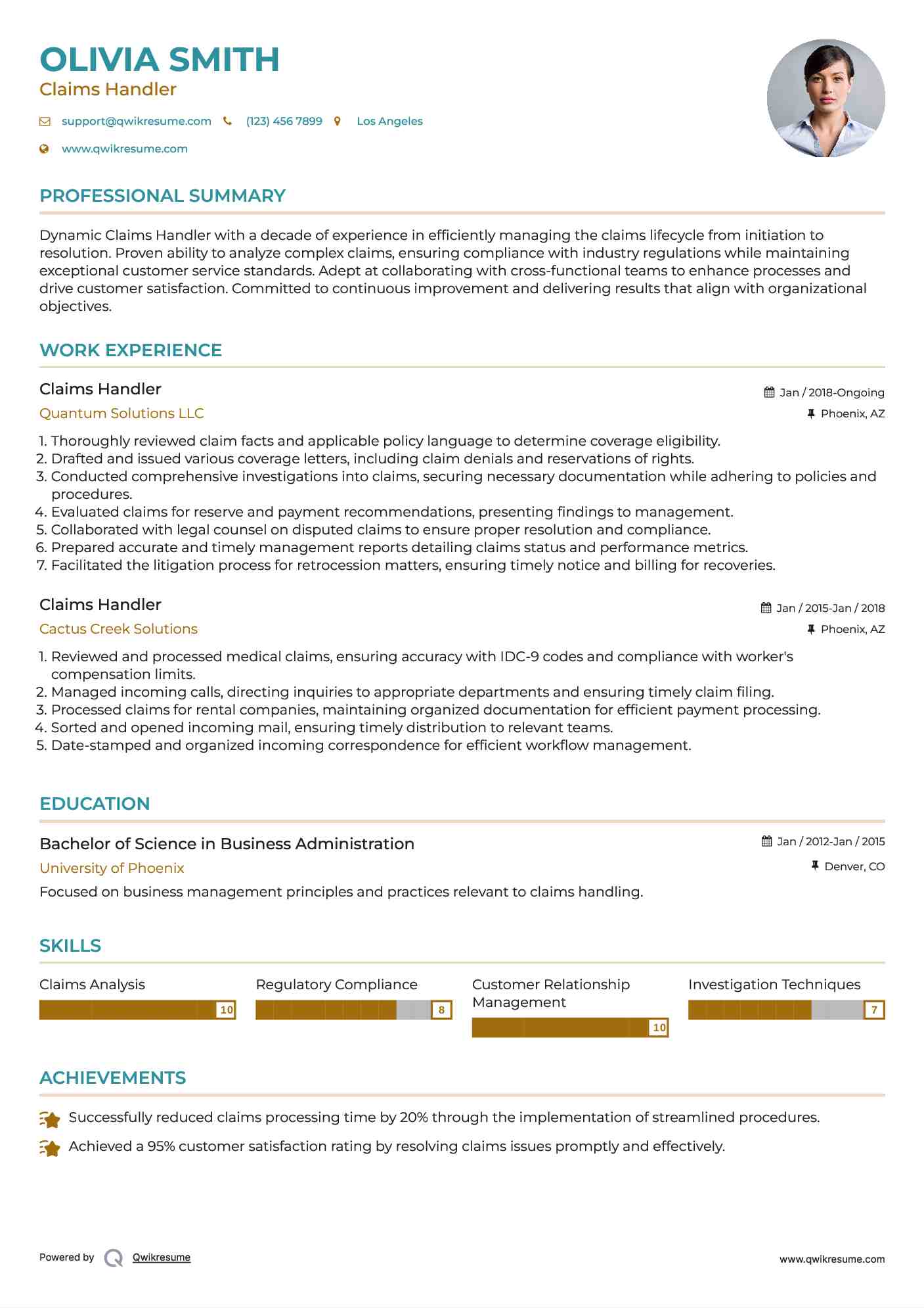 Claims Handler Resume Example