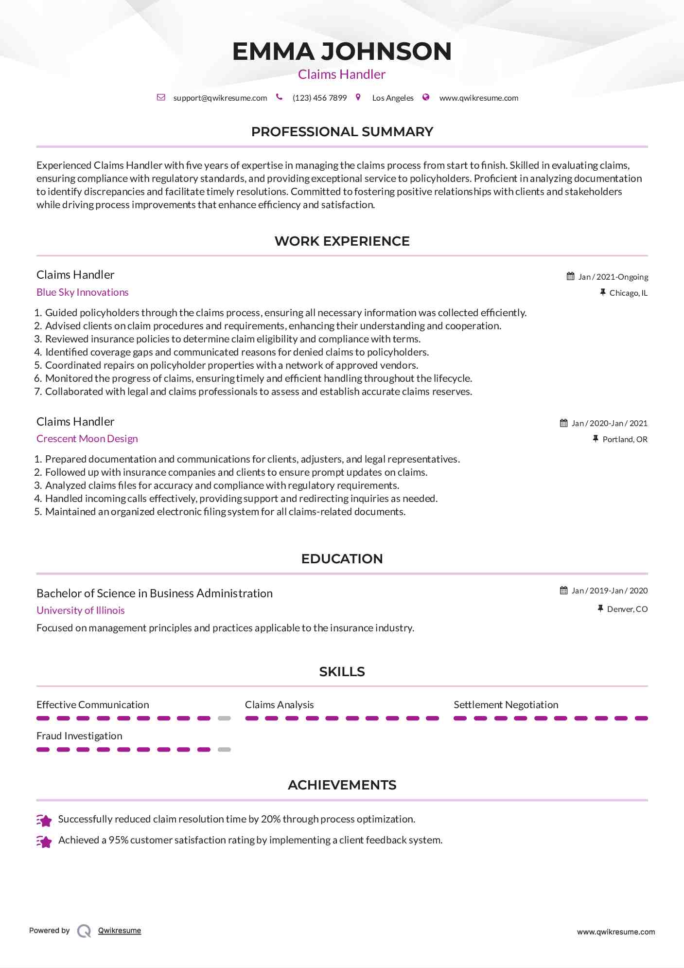 Claims Handler Resume Template