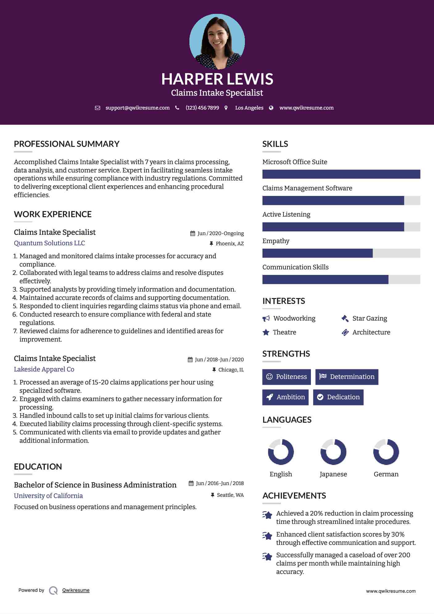 Claims Intake Specialist Resume Template