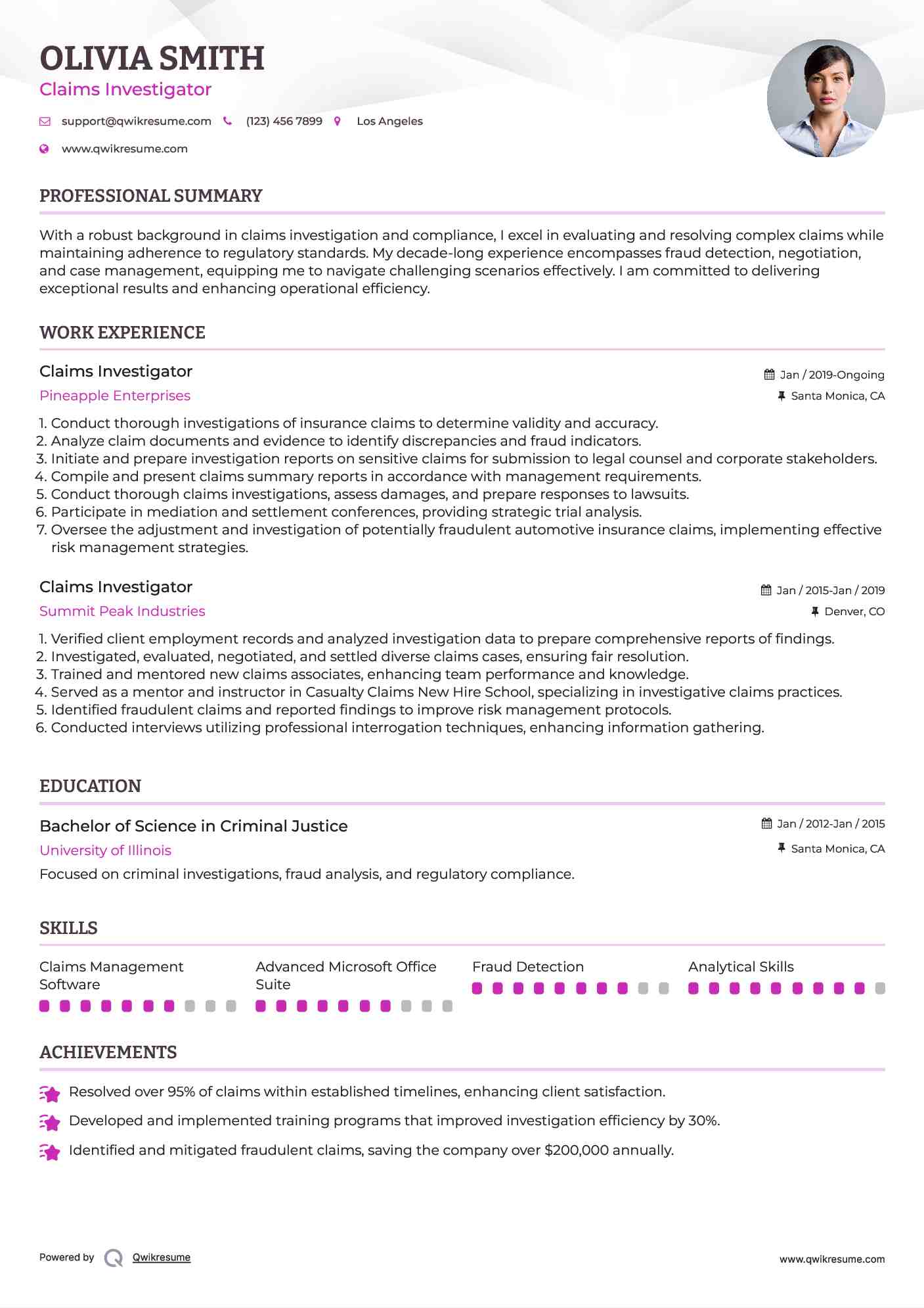 Claims Investigator Resume Sample