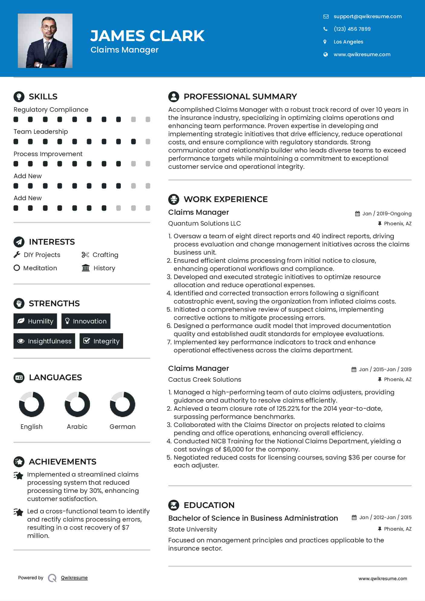 Claims Manager Resume Template