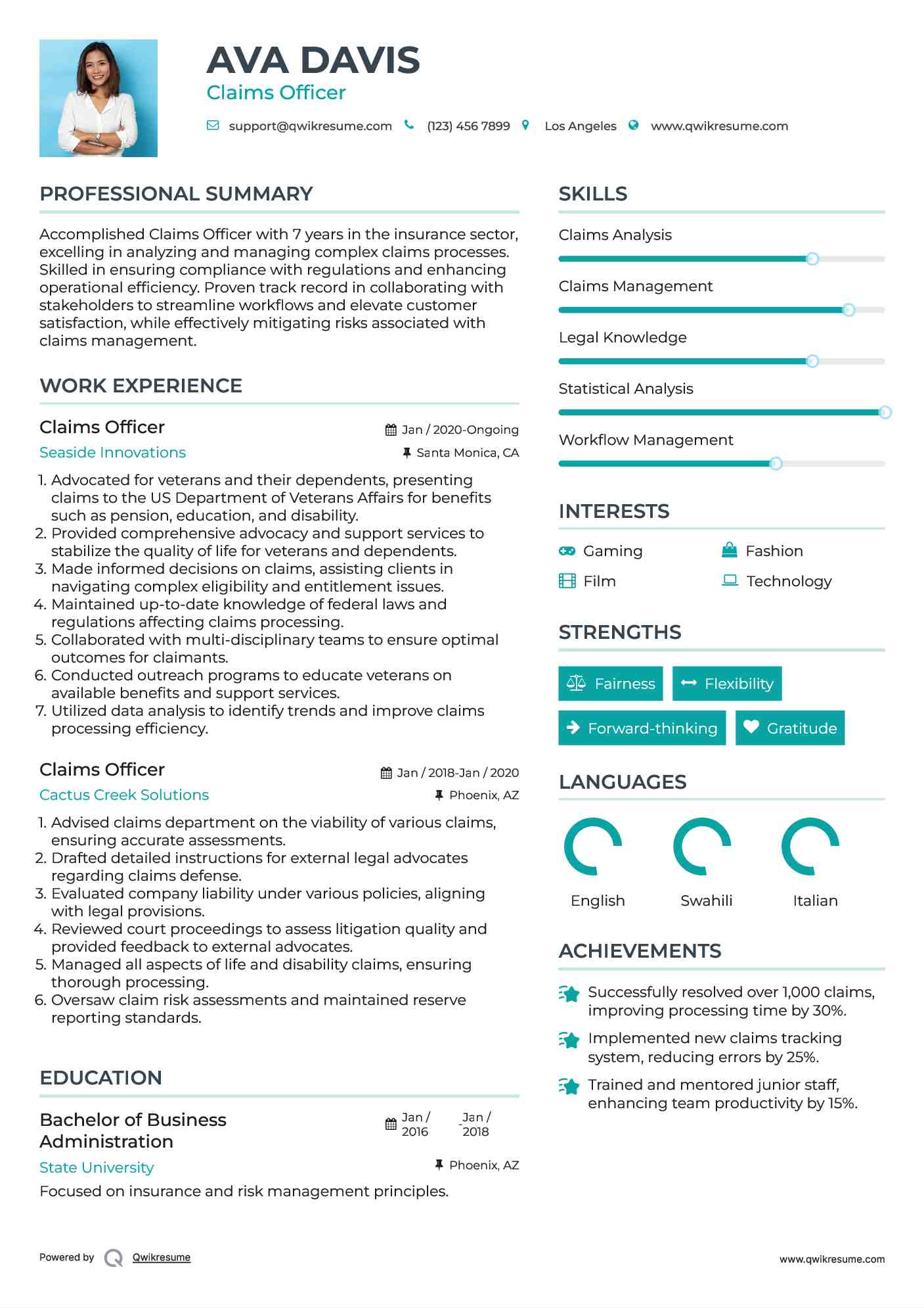 Claims Officer Resume Sample