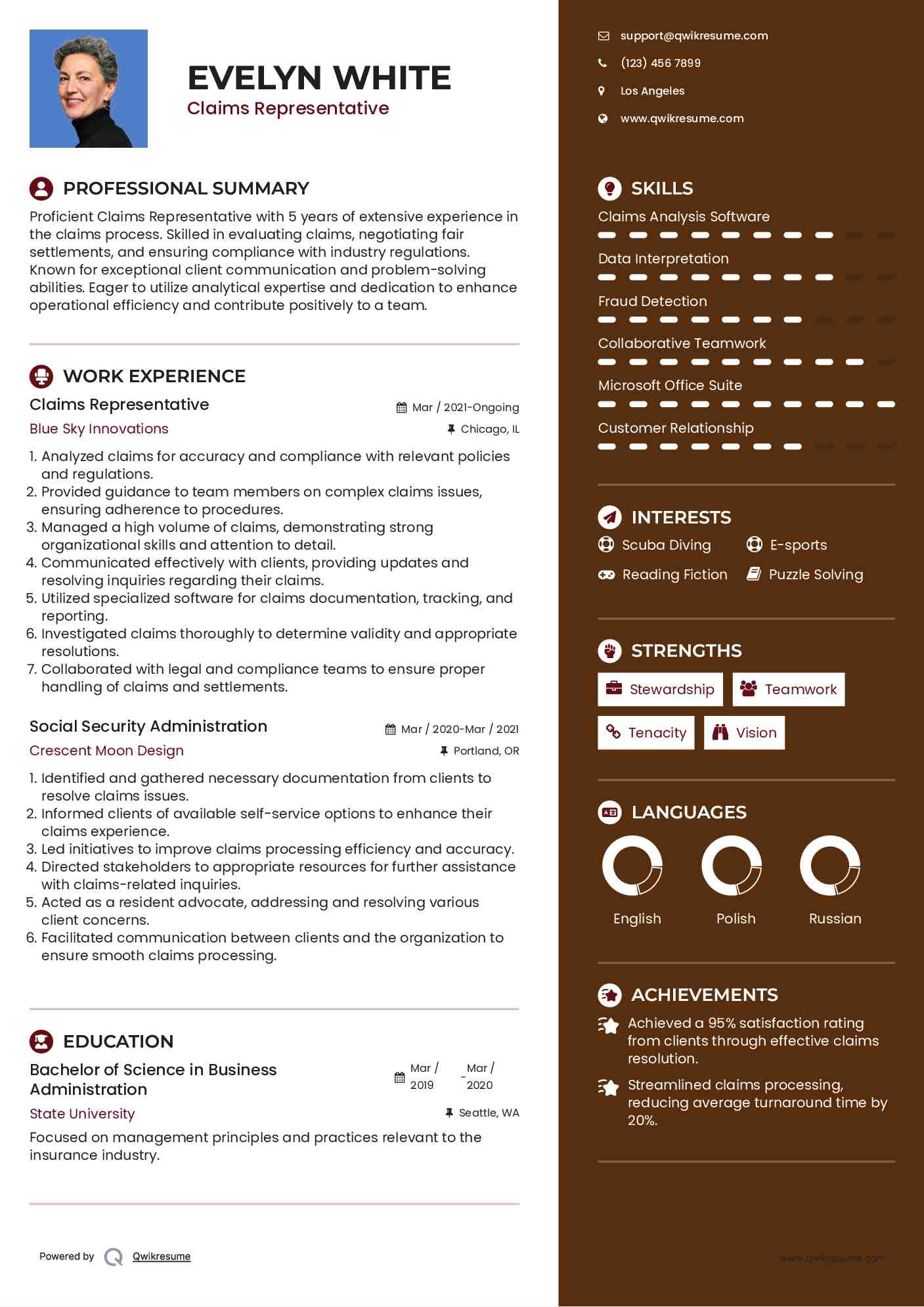 Claims Representative Resume Sample