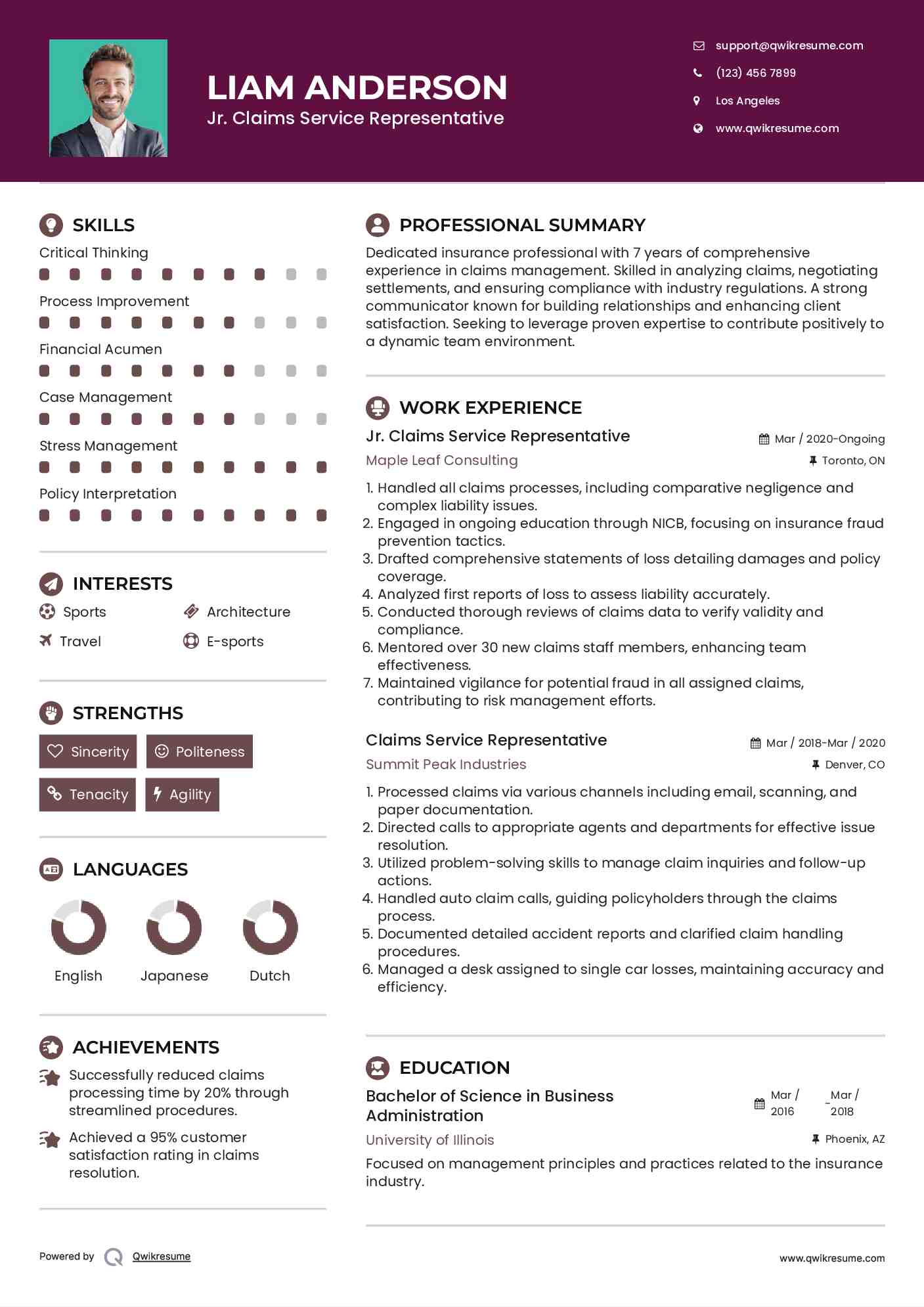Jr. Claims Service Representative Resume Format