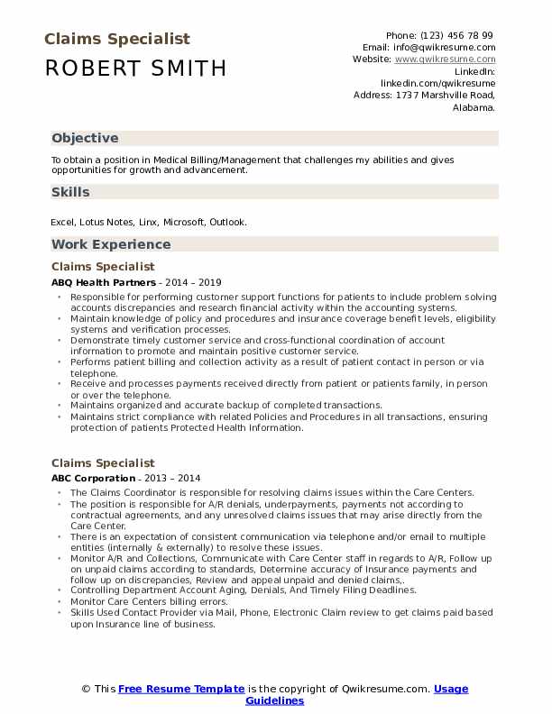 Claims Specialist Resume Samples QwikResume