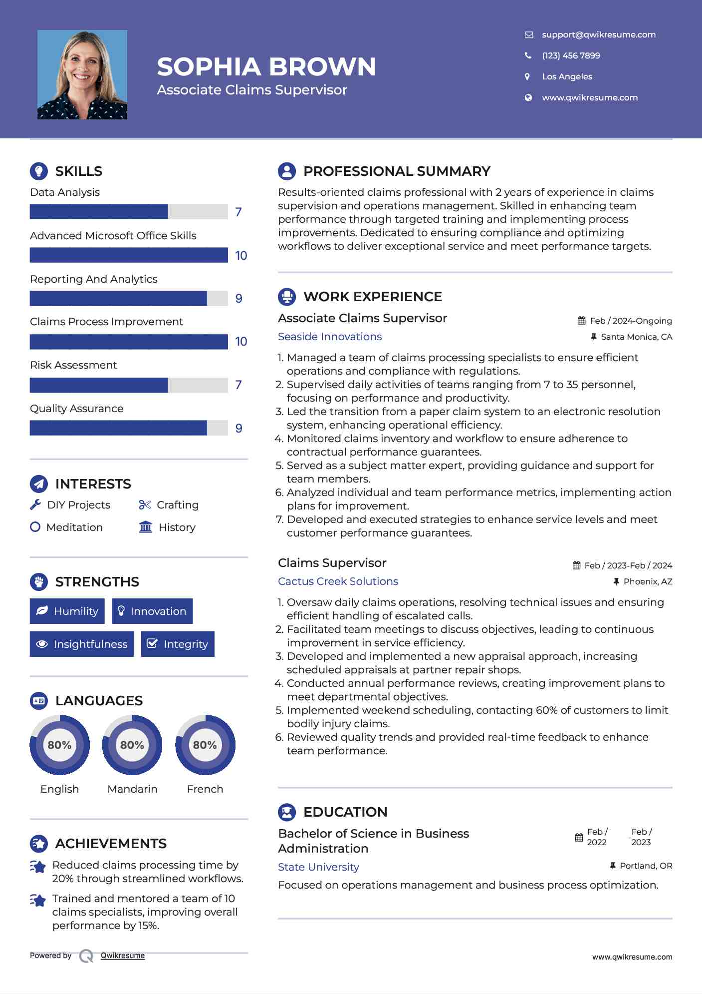 Associate Claims Supervisor Resume Sample