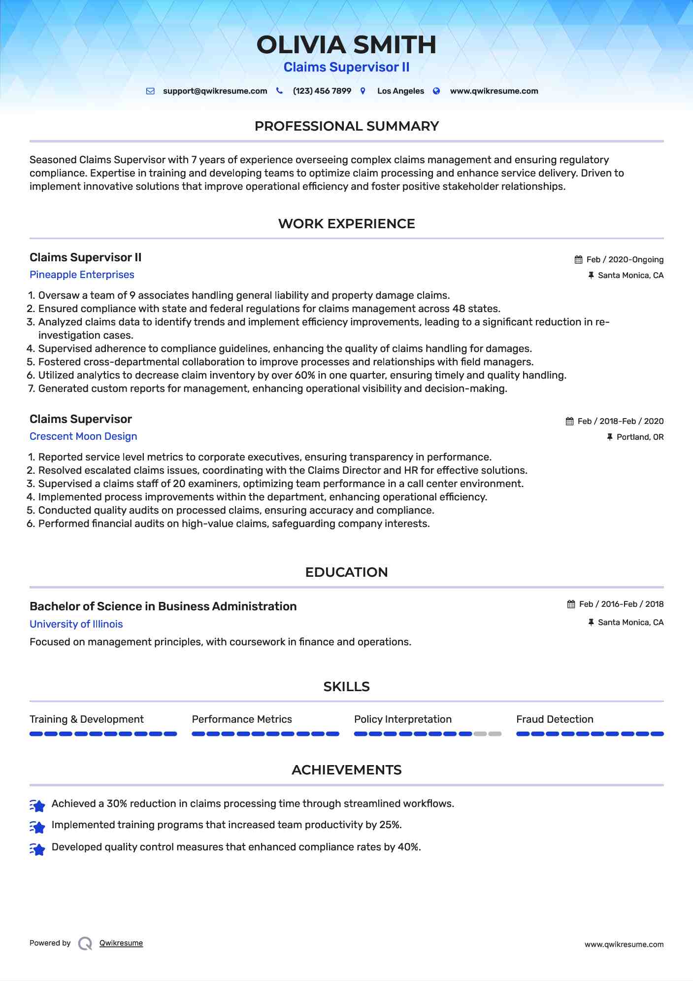 Claims Supervisor II Resume Template