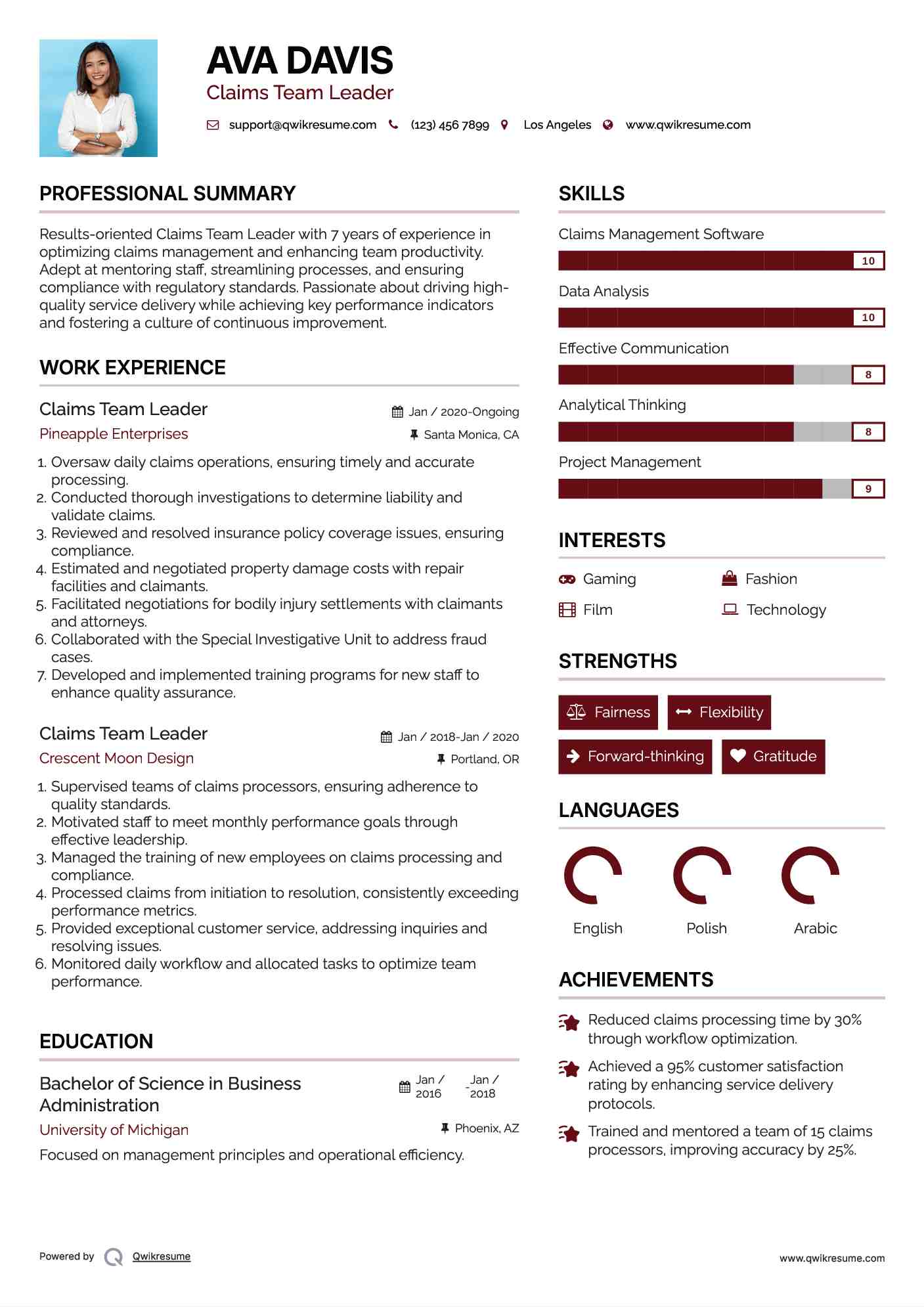 Claims Team Leader Resume Sample
