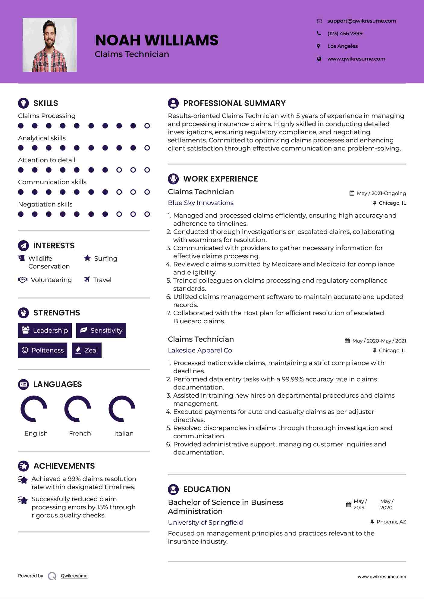 Claims Technician Resume Model