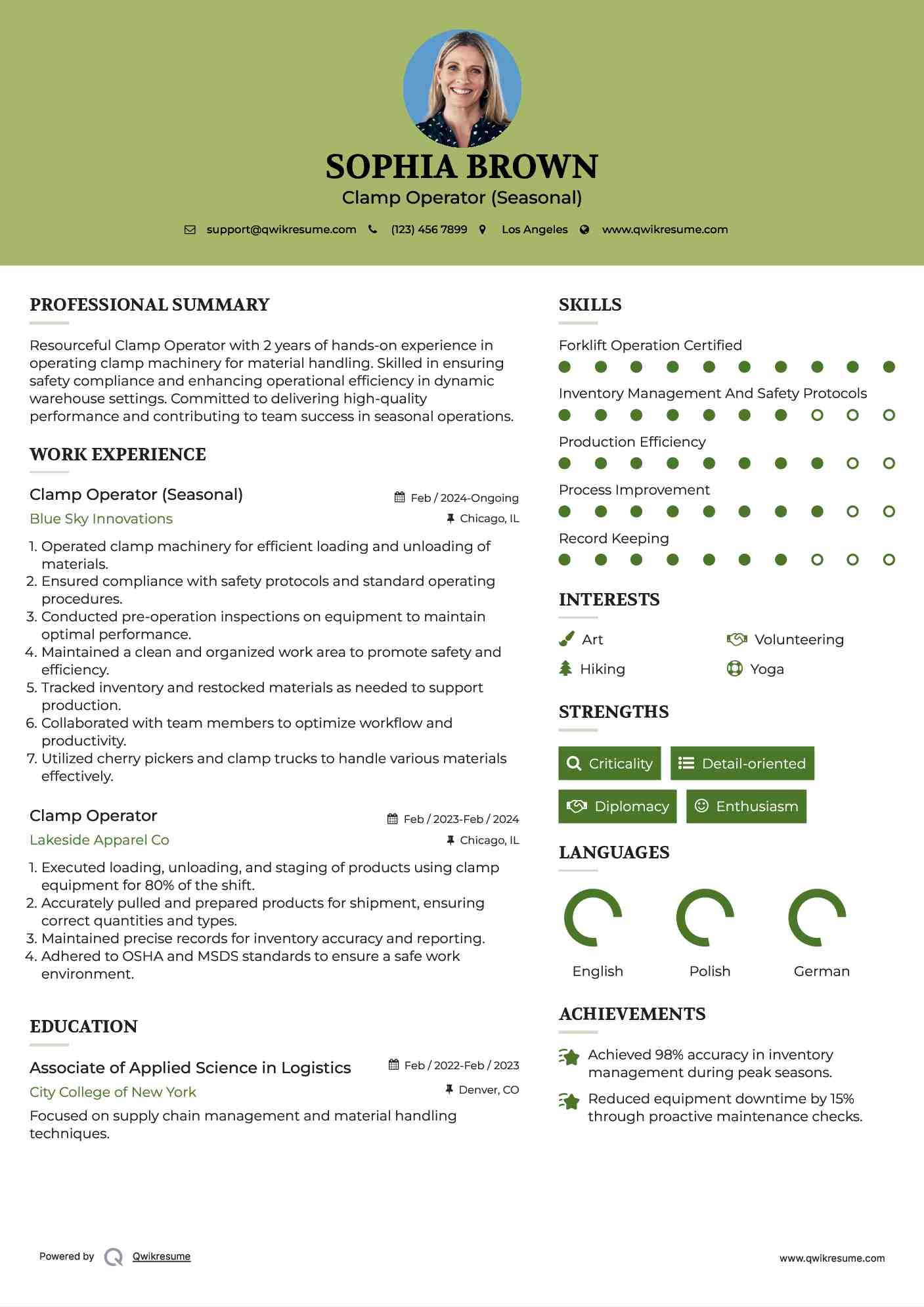 Clamp Operator (Seasonal) Resume Template