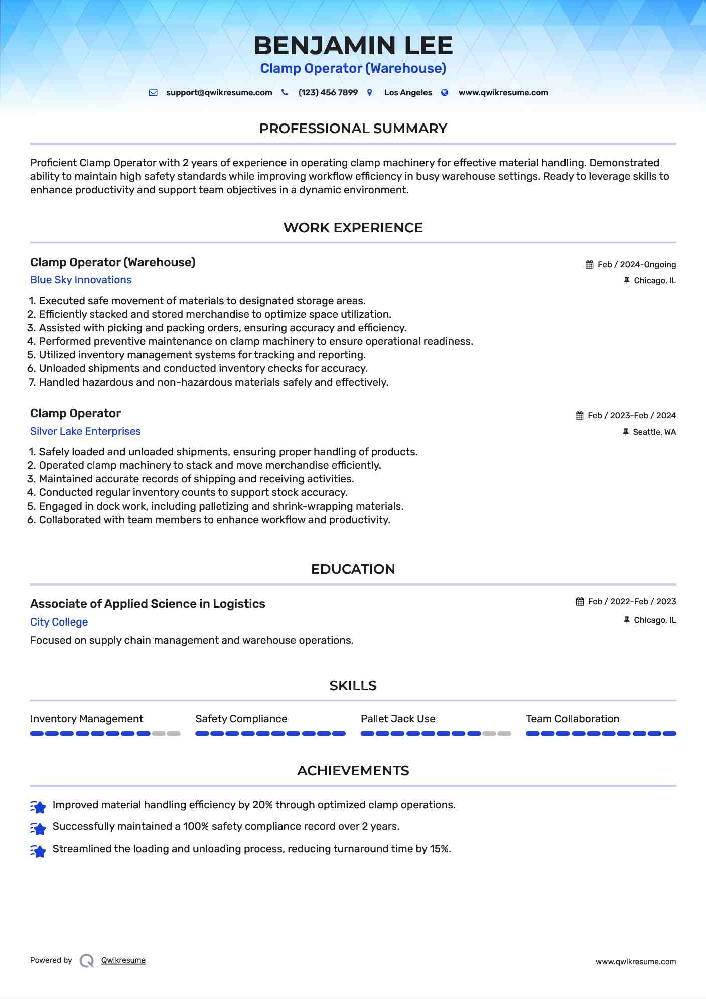 Clamp Operator (Warehouse) Resume Model