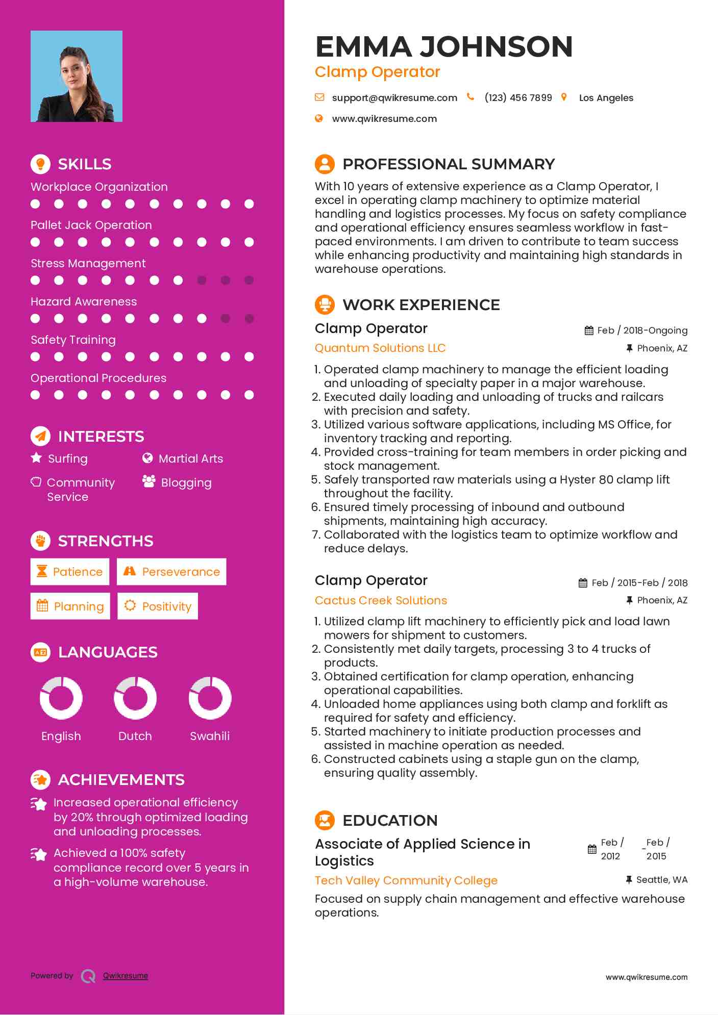 Clamp Operator Resume Sample