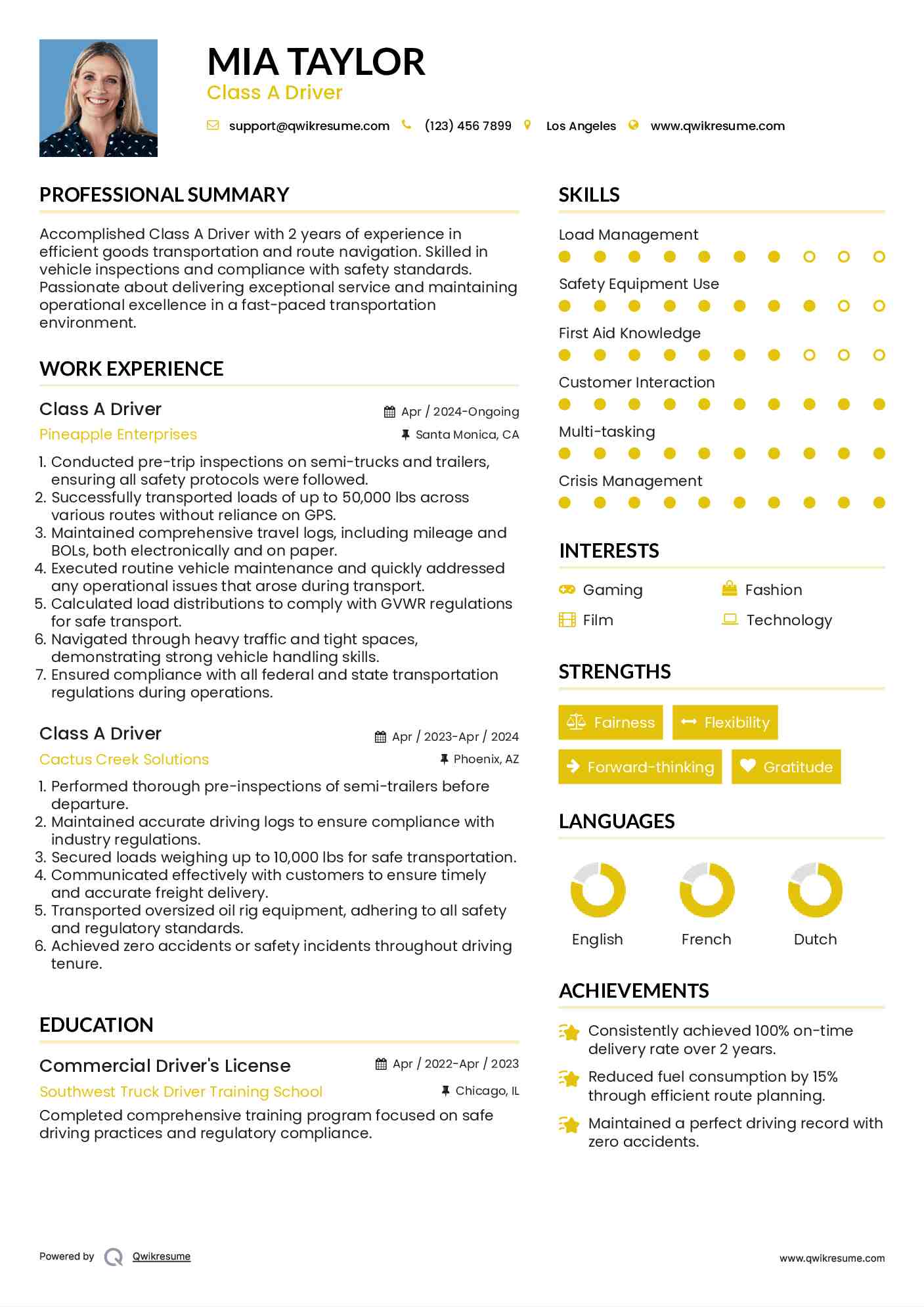 Class A Driver Resume Example