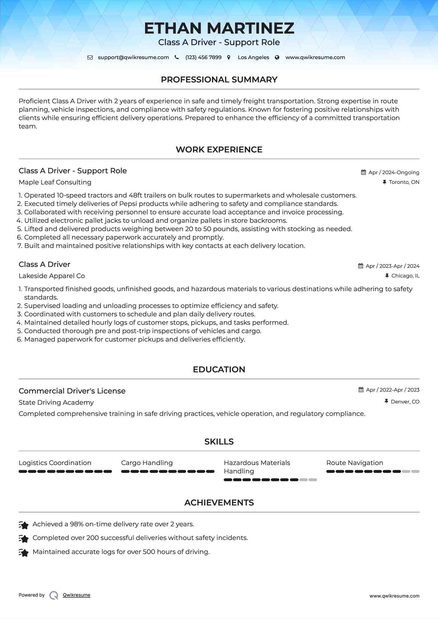 Class A Driver - Support Role Resume Example