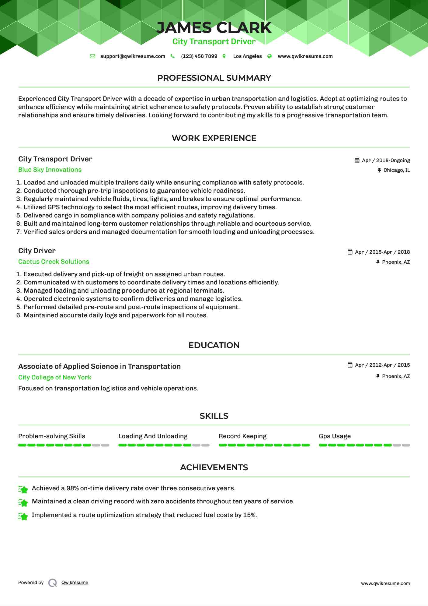 City Transport Driver Resume Sample