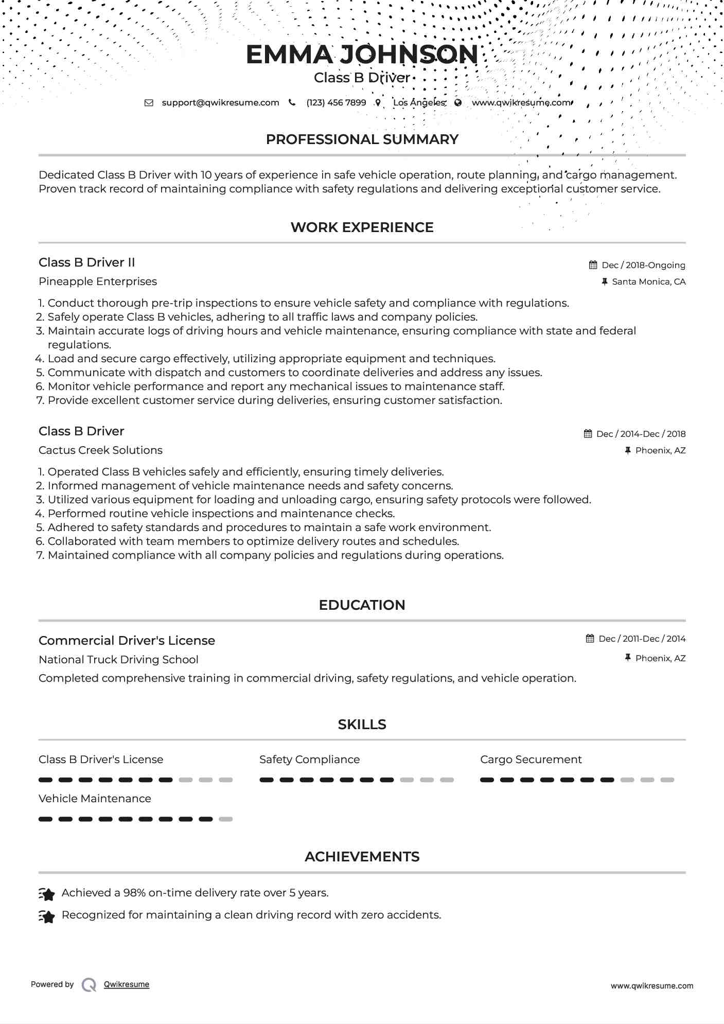 Class B Driver II Resume Format