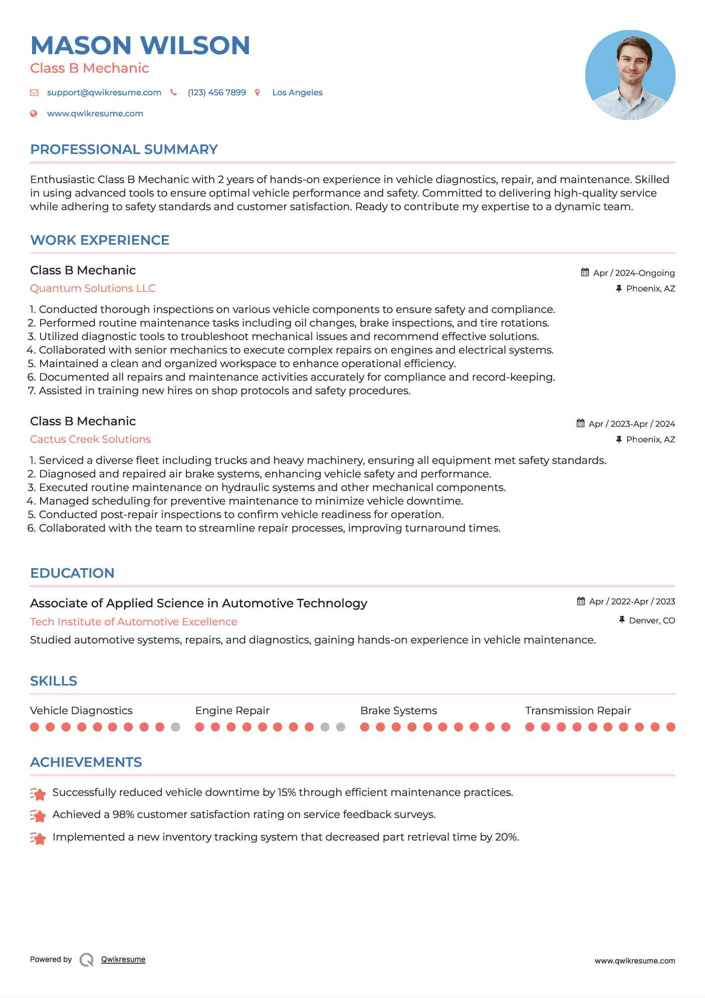 Class B Mechanic Resume Format