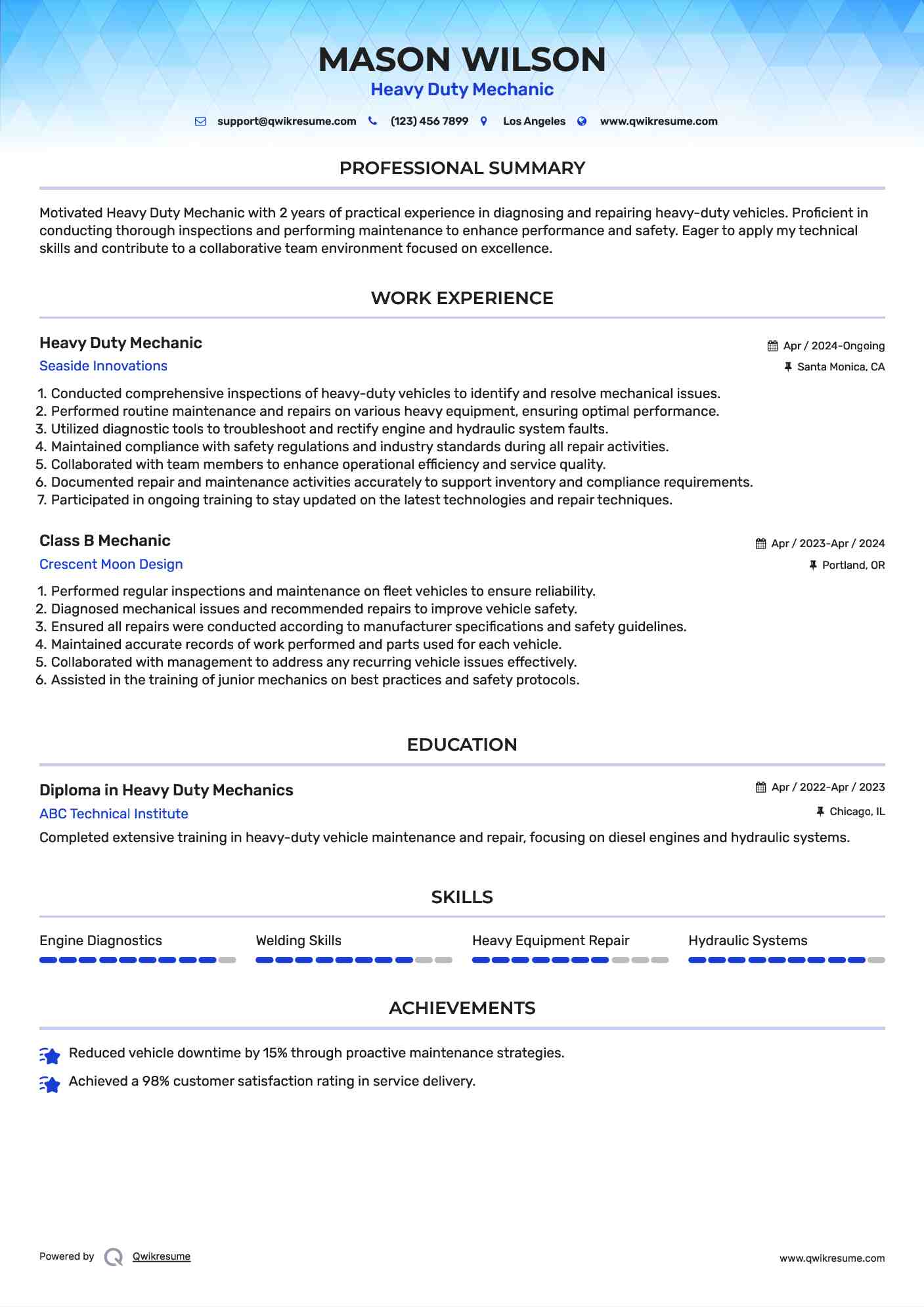 Heavy Duty Mechanic Resume Model