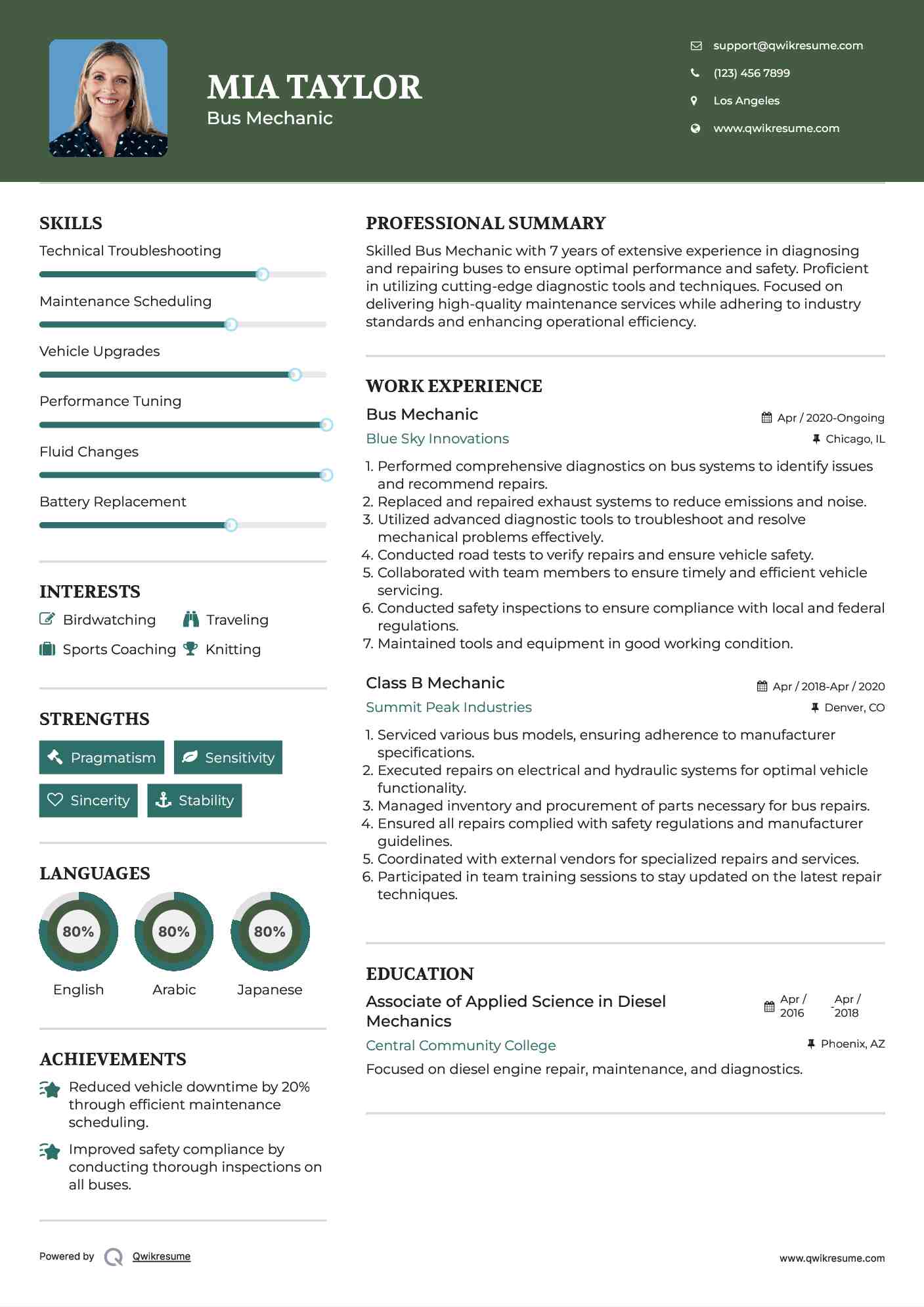 Bus Mechanic Resume Template
