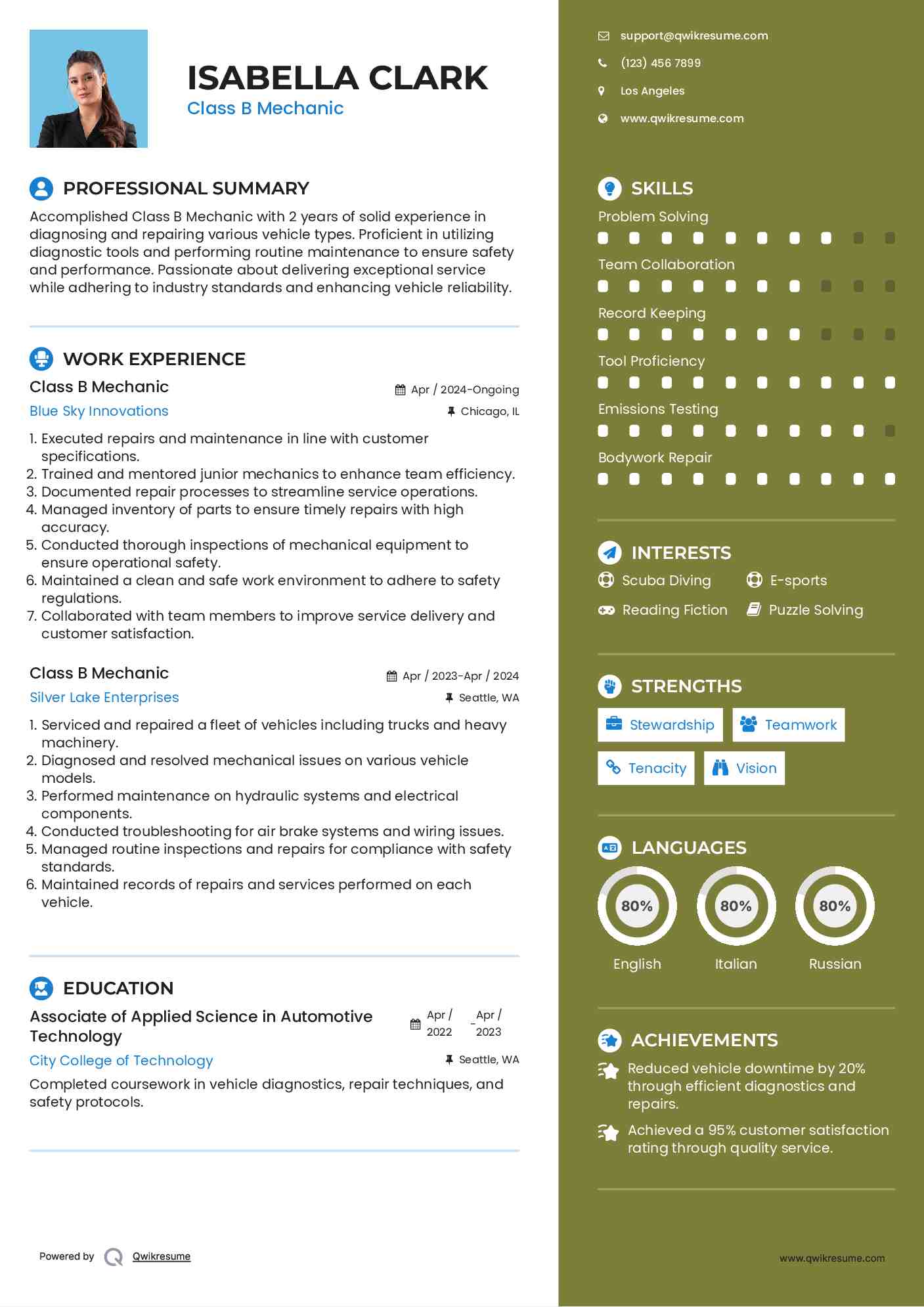 Class B Mechanic Resume Example
