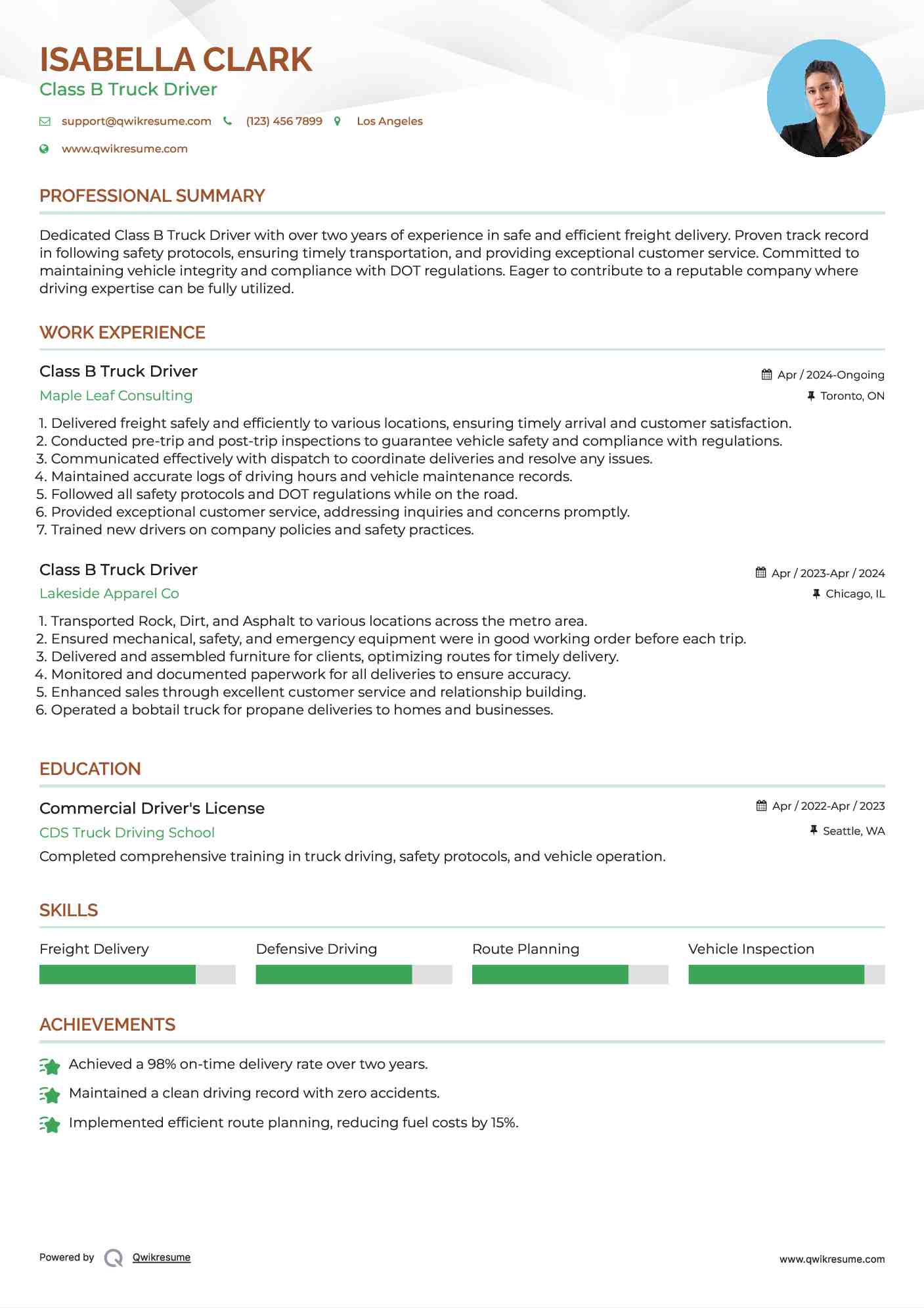 Class B Truck Driver Resume Format