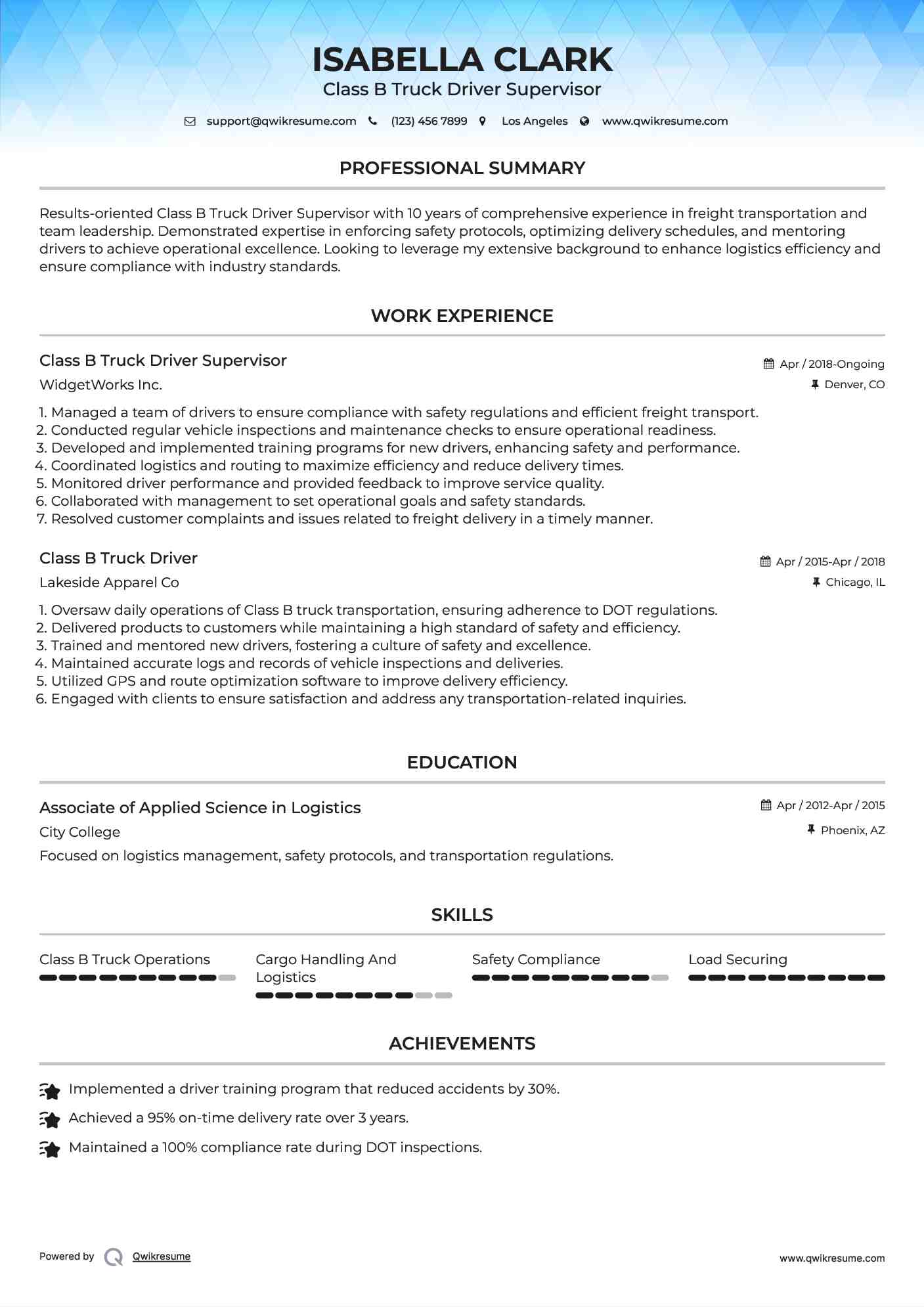 Class B Truck Driver Supervisor Resume Example