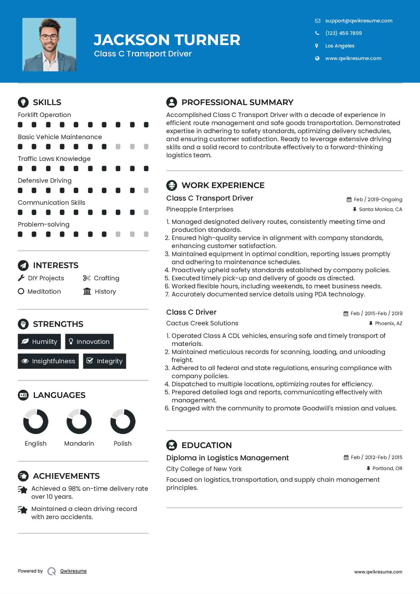 Class C Transport Driver Resume Model