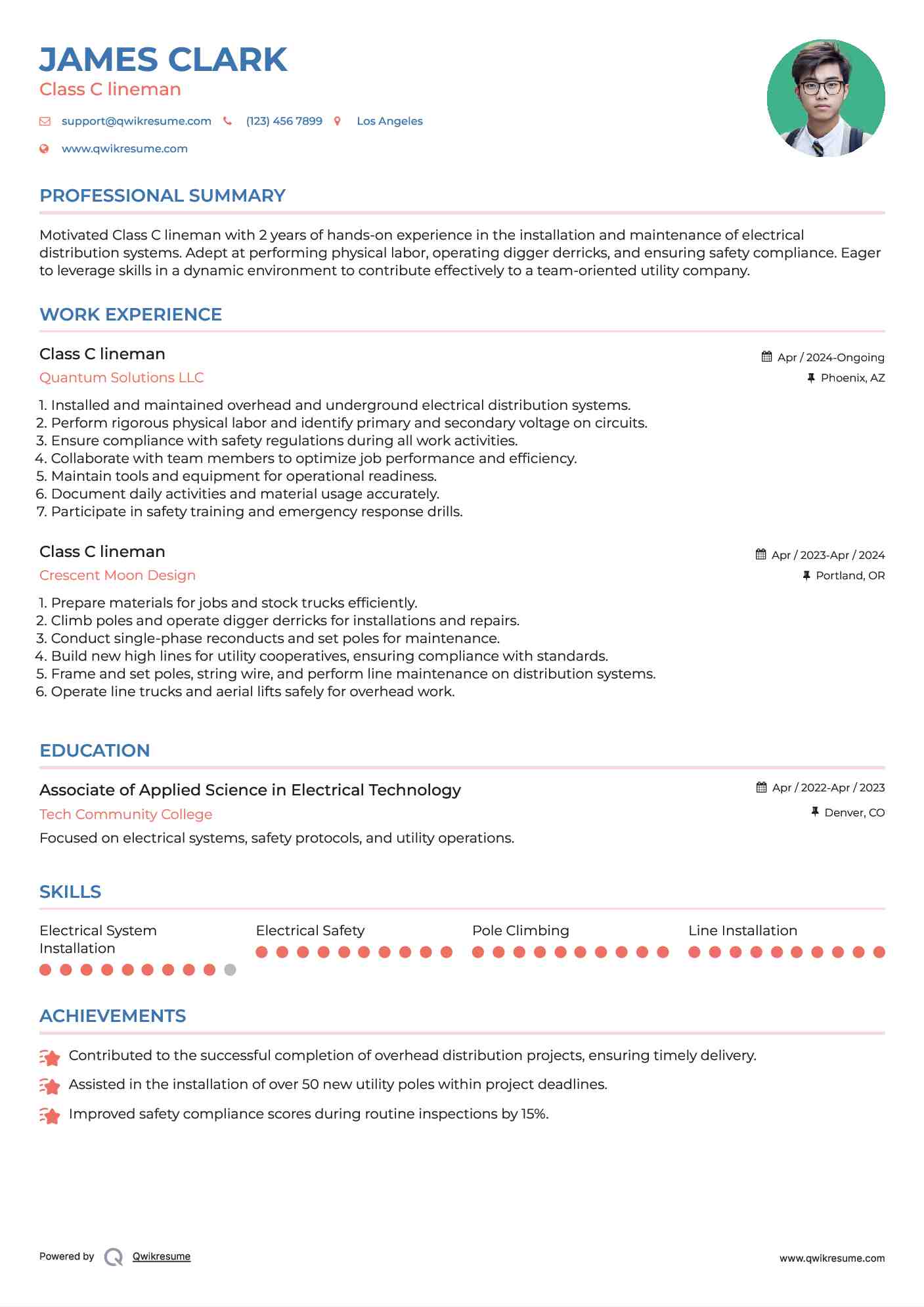 Class C lineman Resume Example