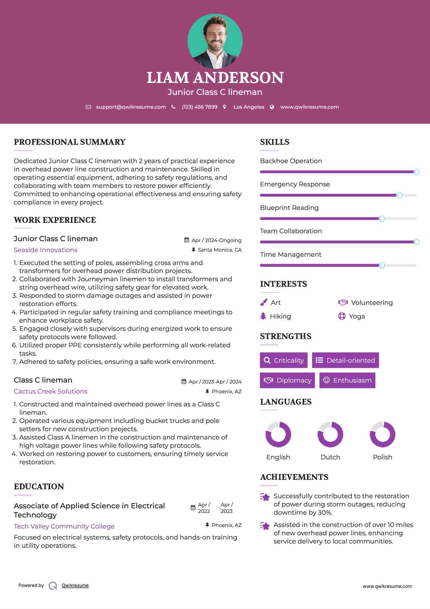 Junior Class C lineman Resume Sample
