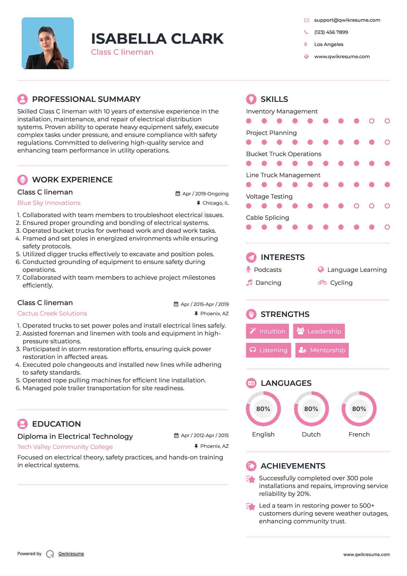 Class C lineman Resume Model
