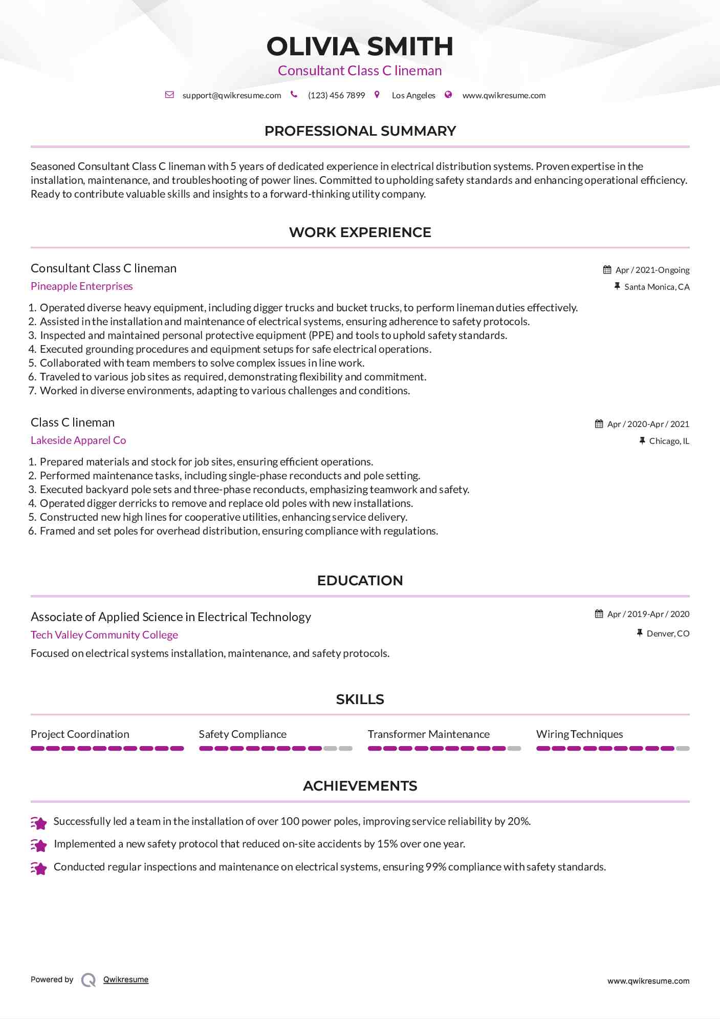 Consultant Class C lineman Resume Sample