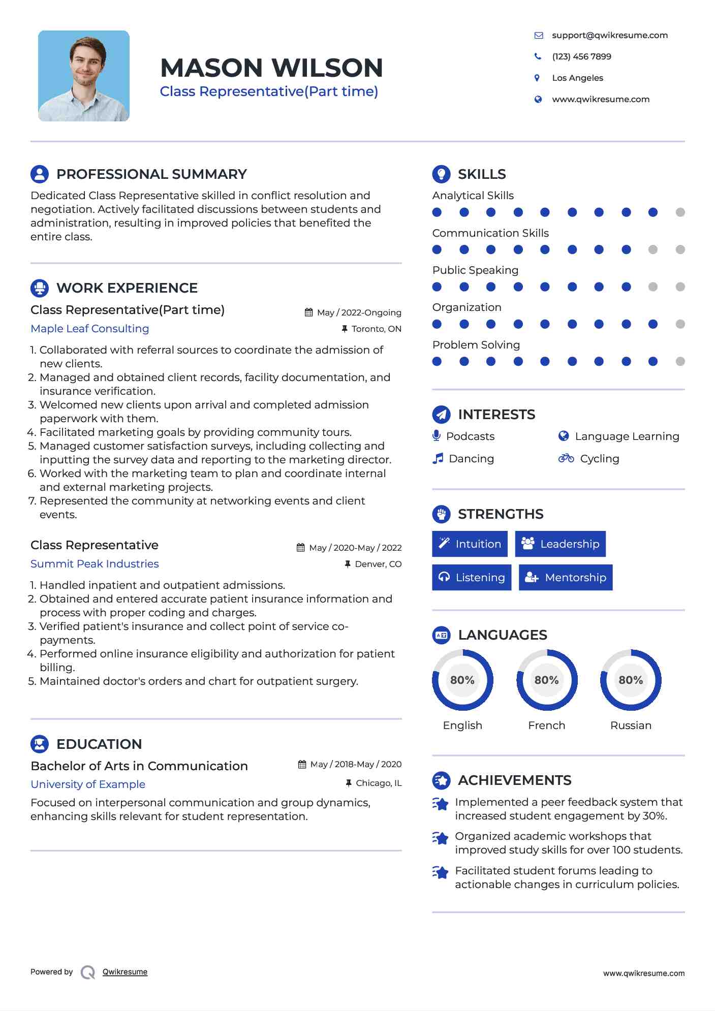 Class Representative(Part time) Resume Example