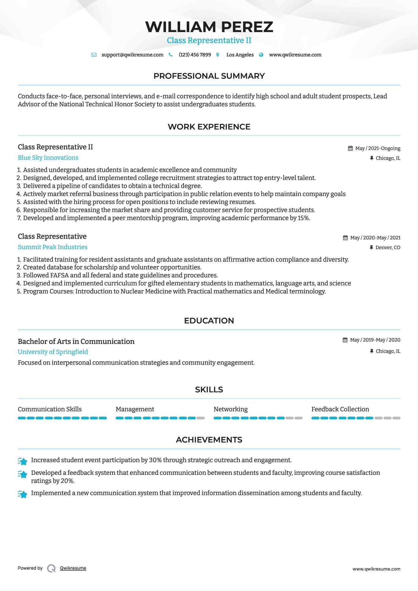 Class Representative II Resume Model