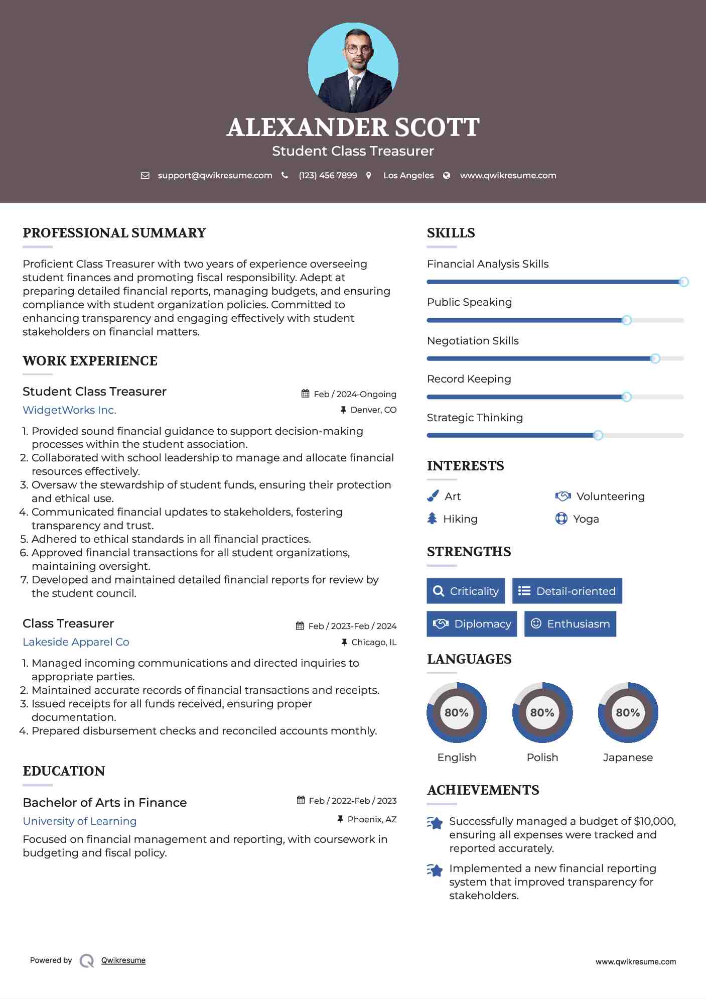 Student Class Treasurer Resume Template