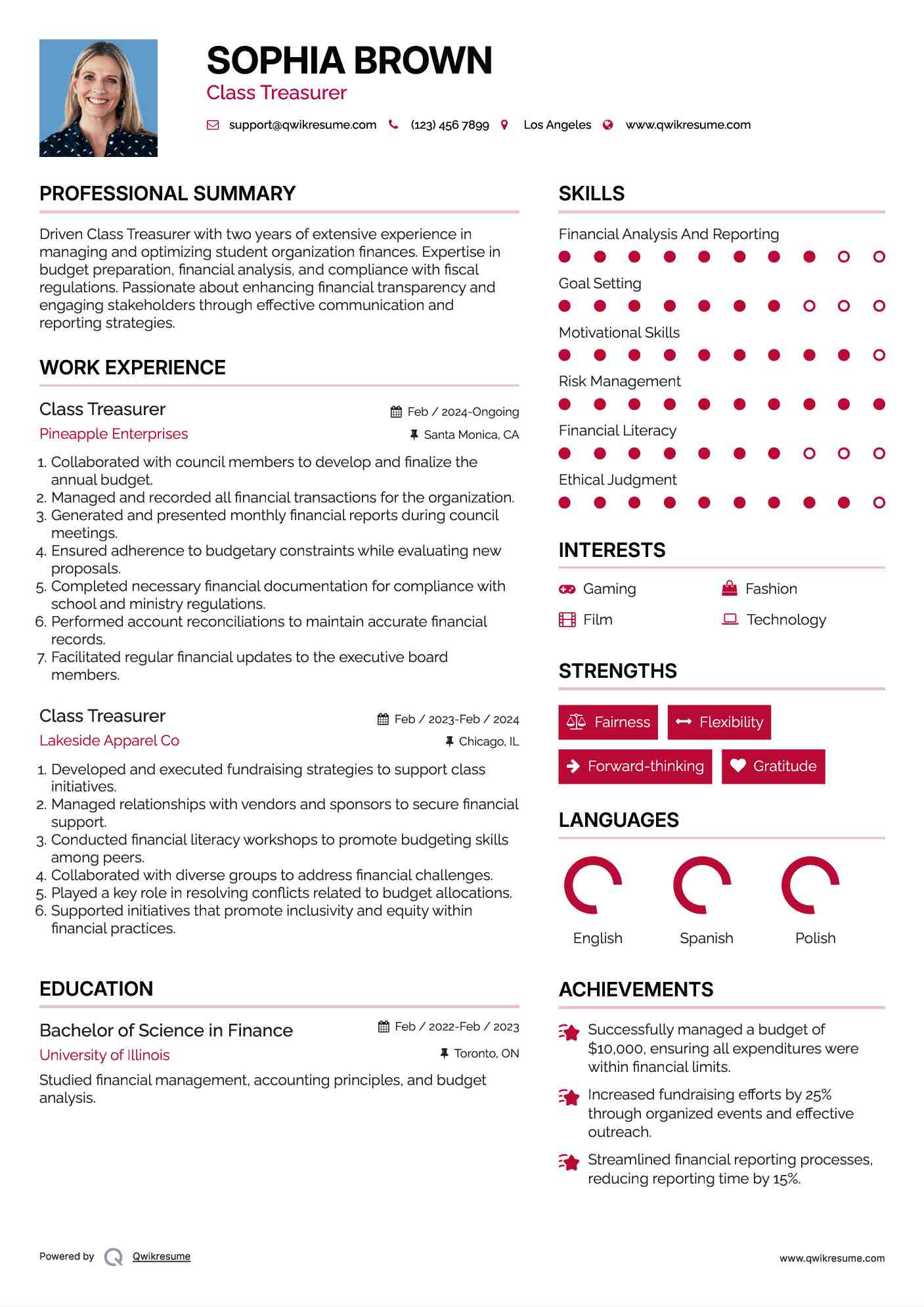 Class Treasurer Resume Format