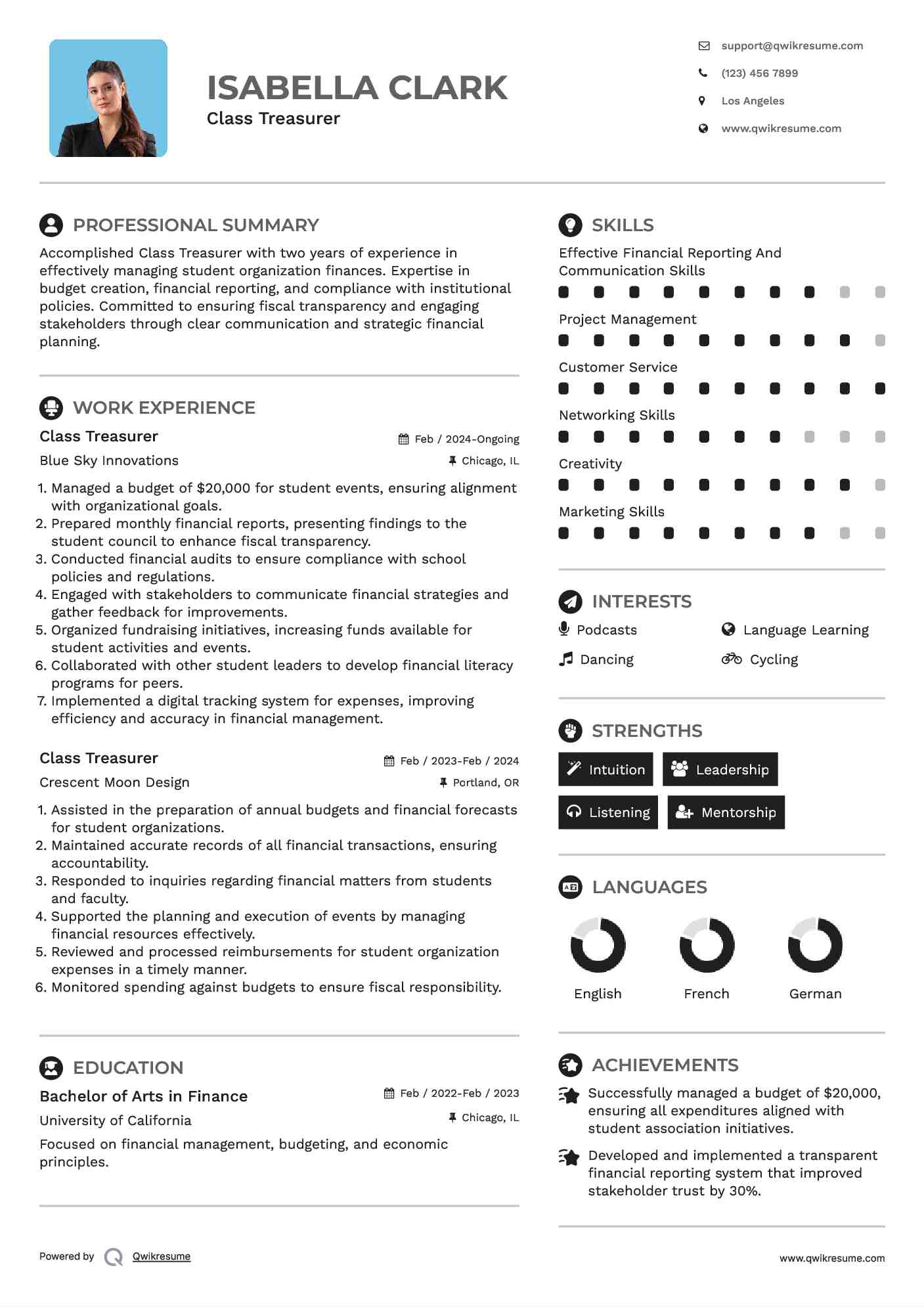 Class Treasurer Resume Format