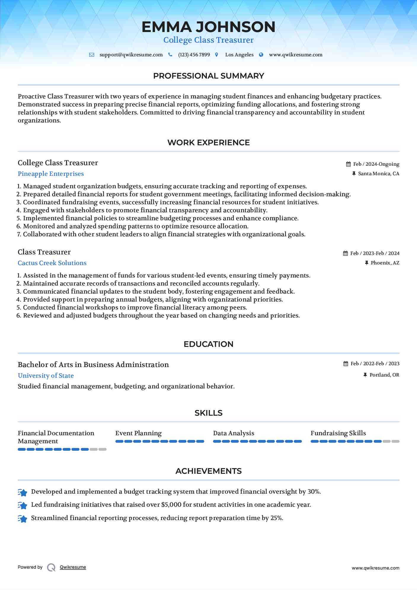 College Class Treasurer Resume Template