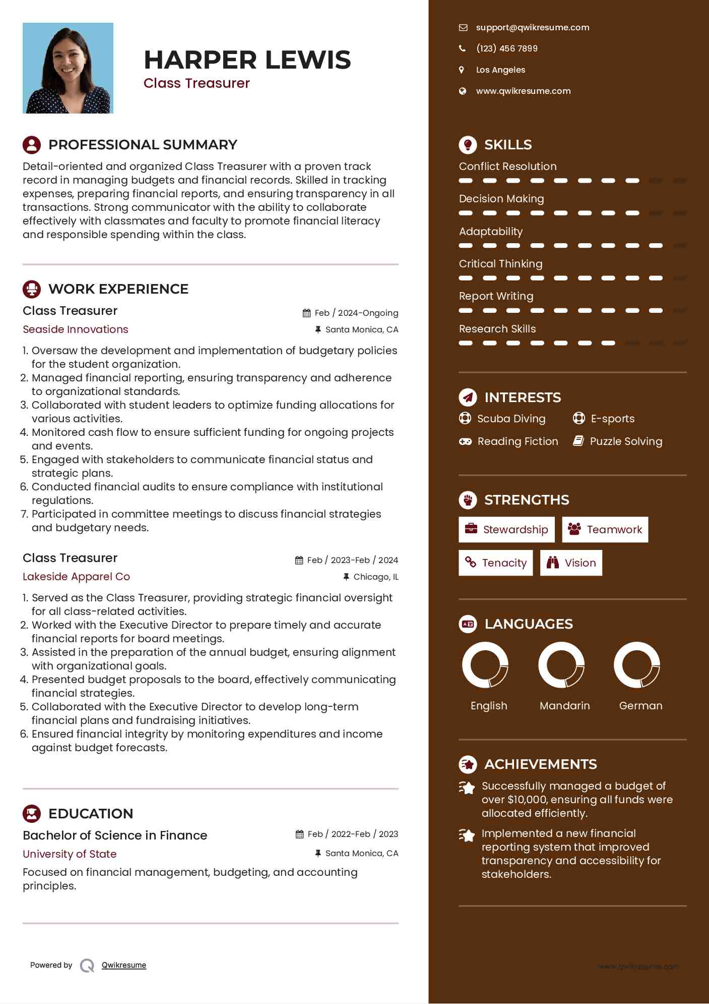 Class Treasurer Resume Format