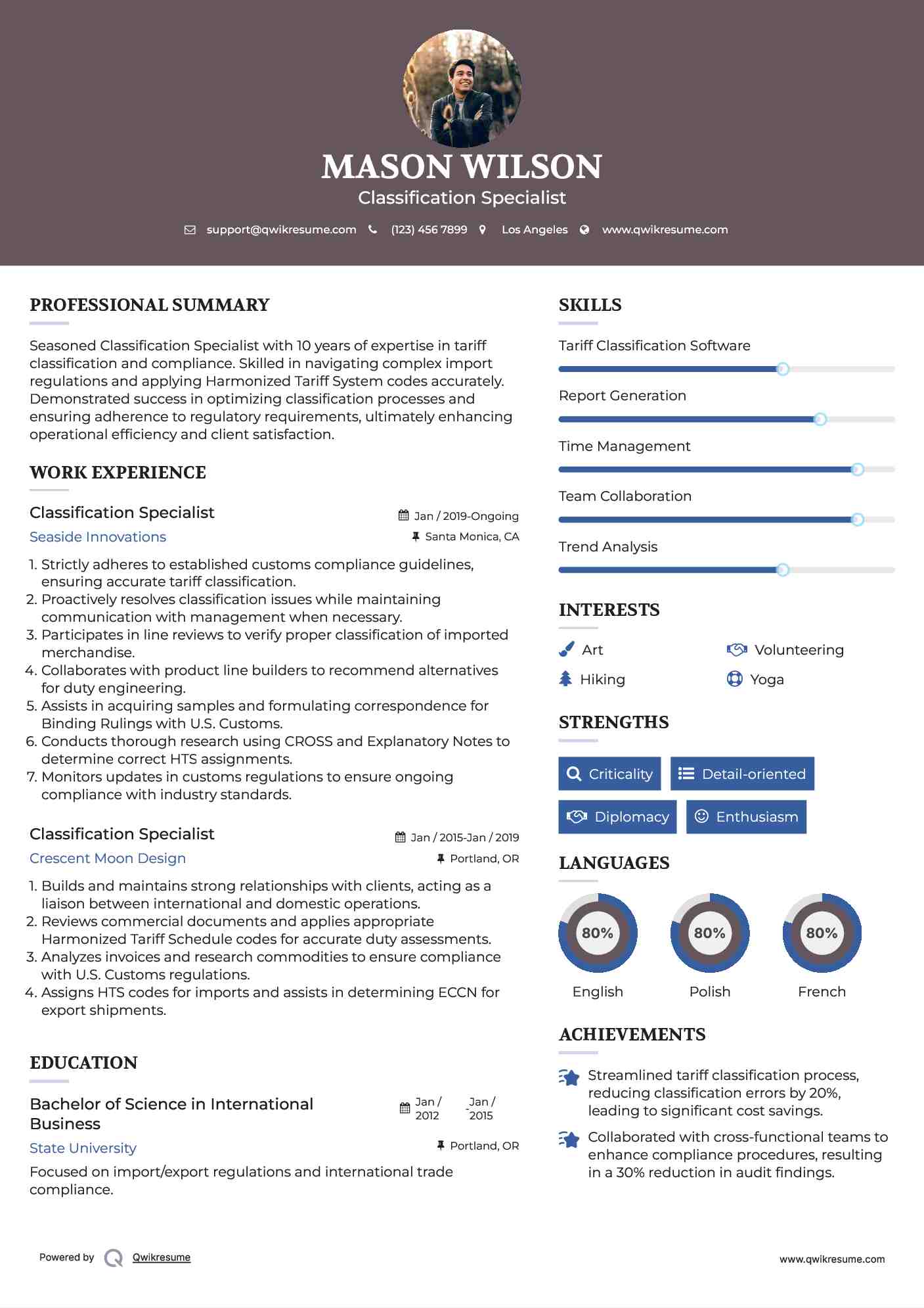 Classification Specialist Resume Sample