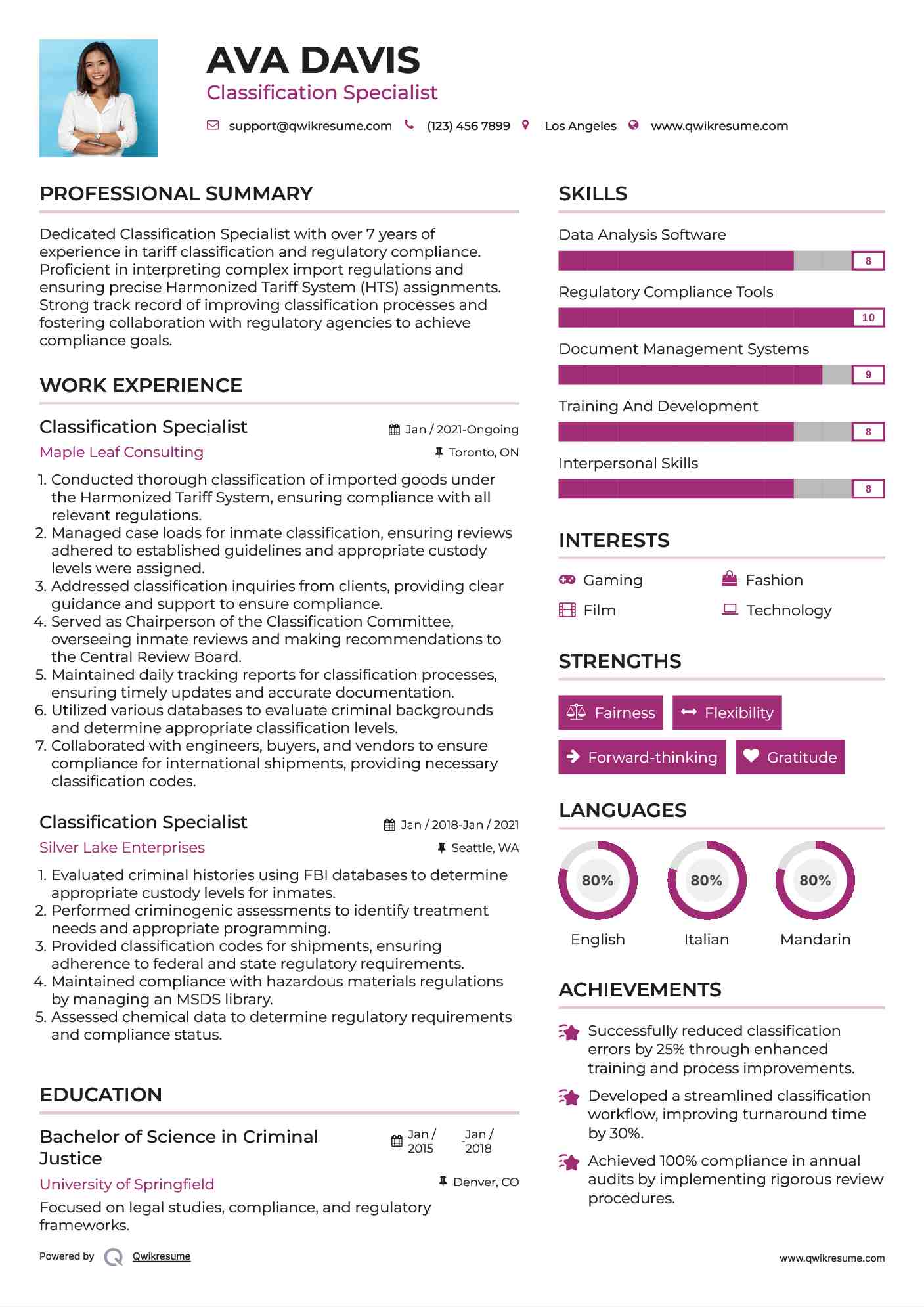 Classification Specialist Resume Sample