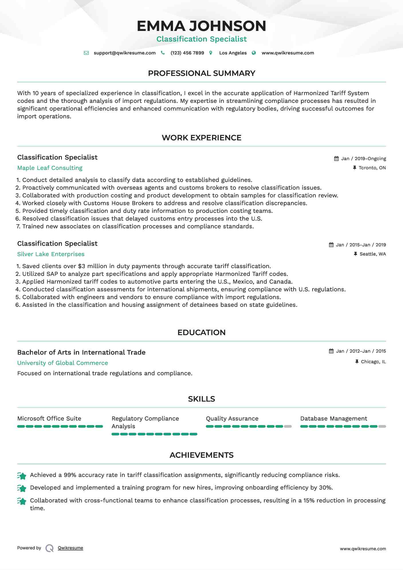 Classification Specialist Resume Sample