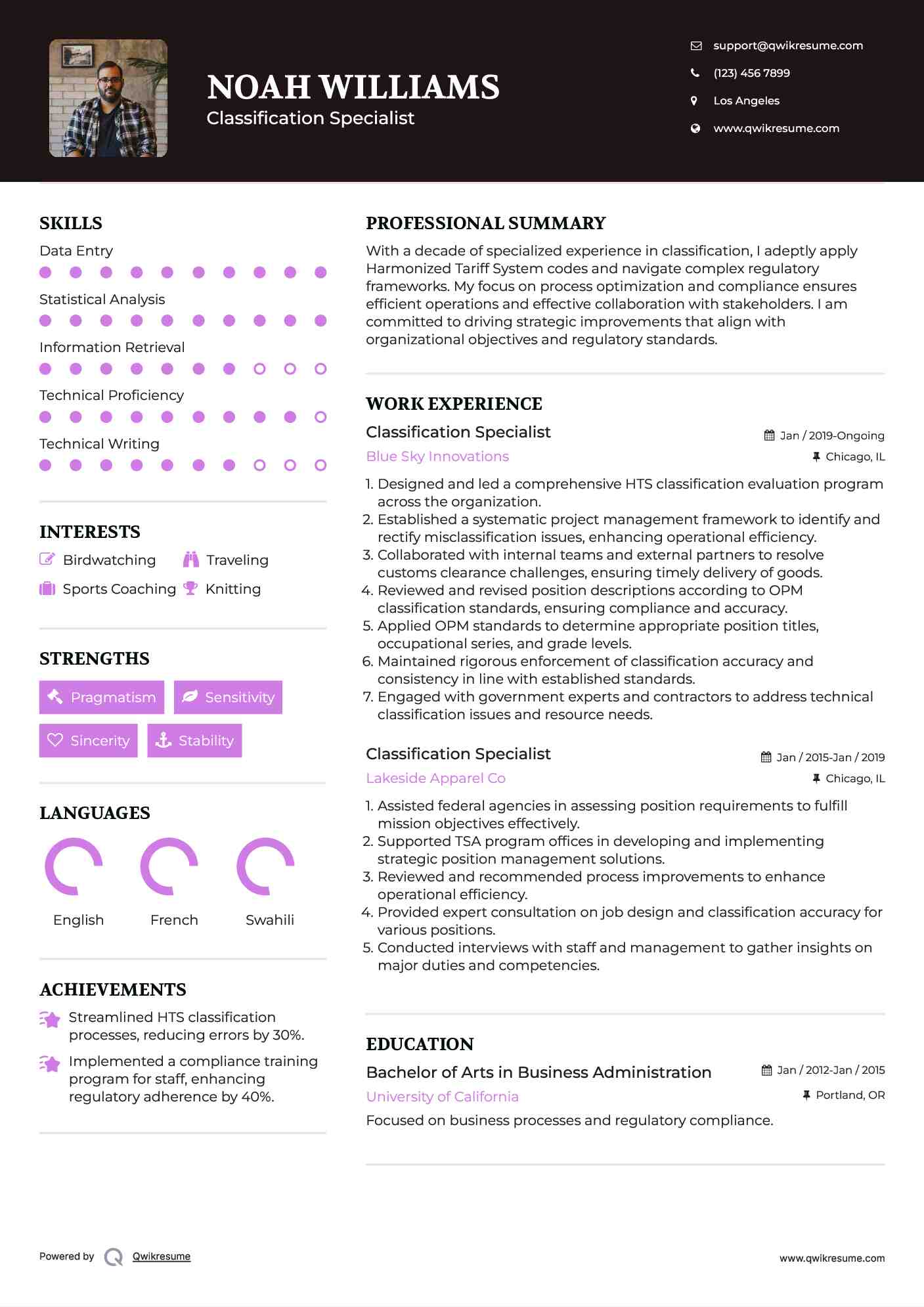 Classification Specialist Resume Example