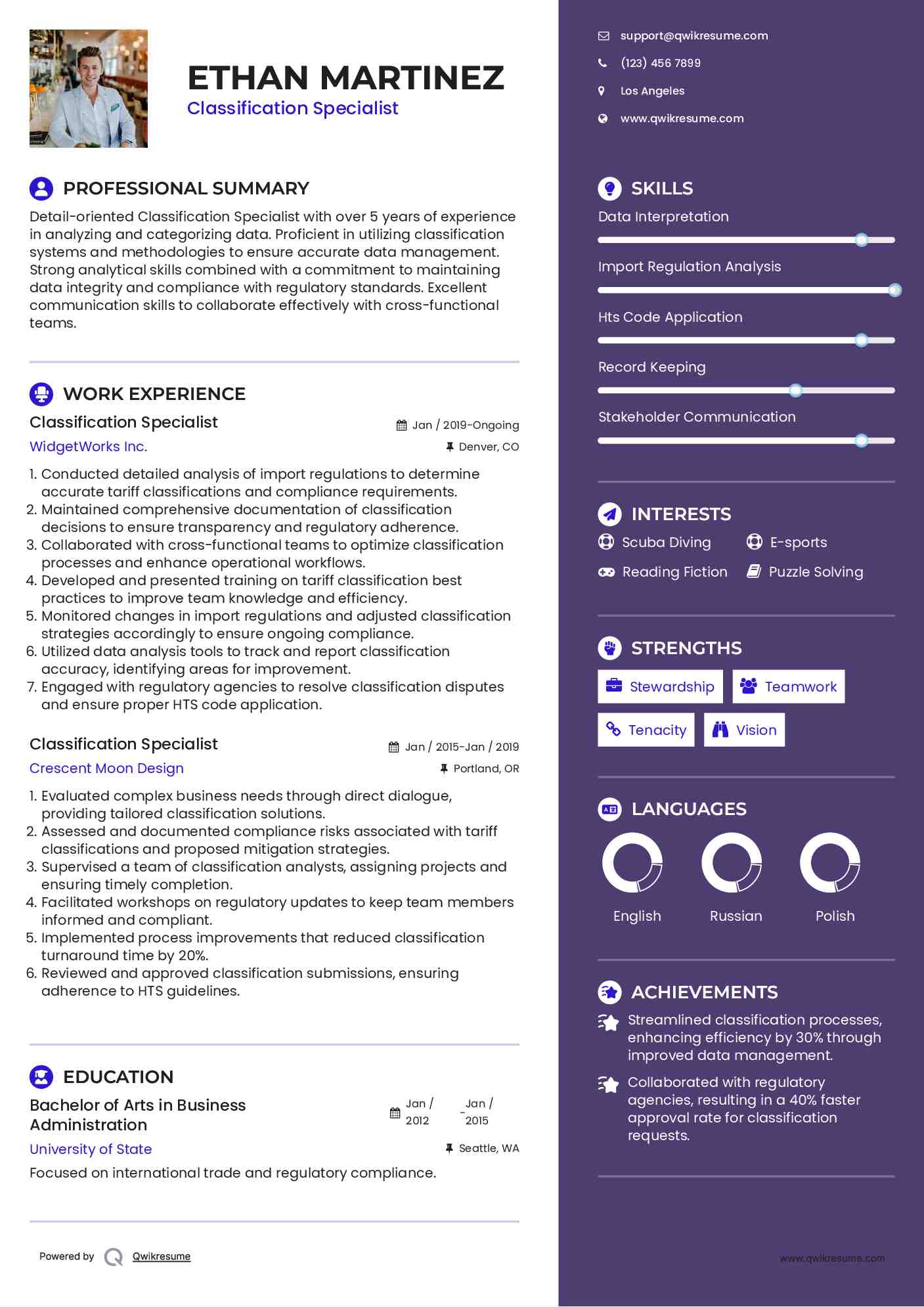 Classification Specialist Resume Template