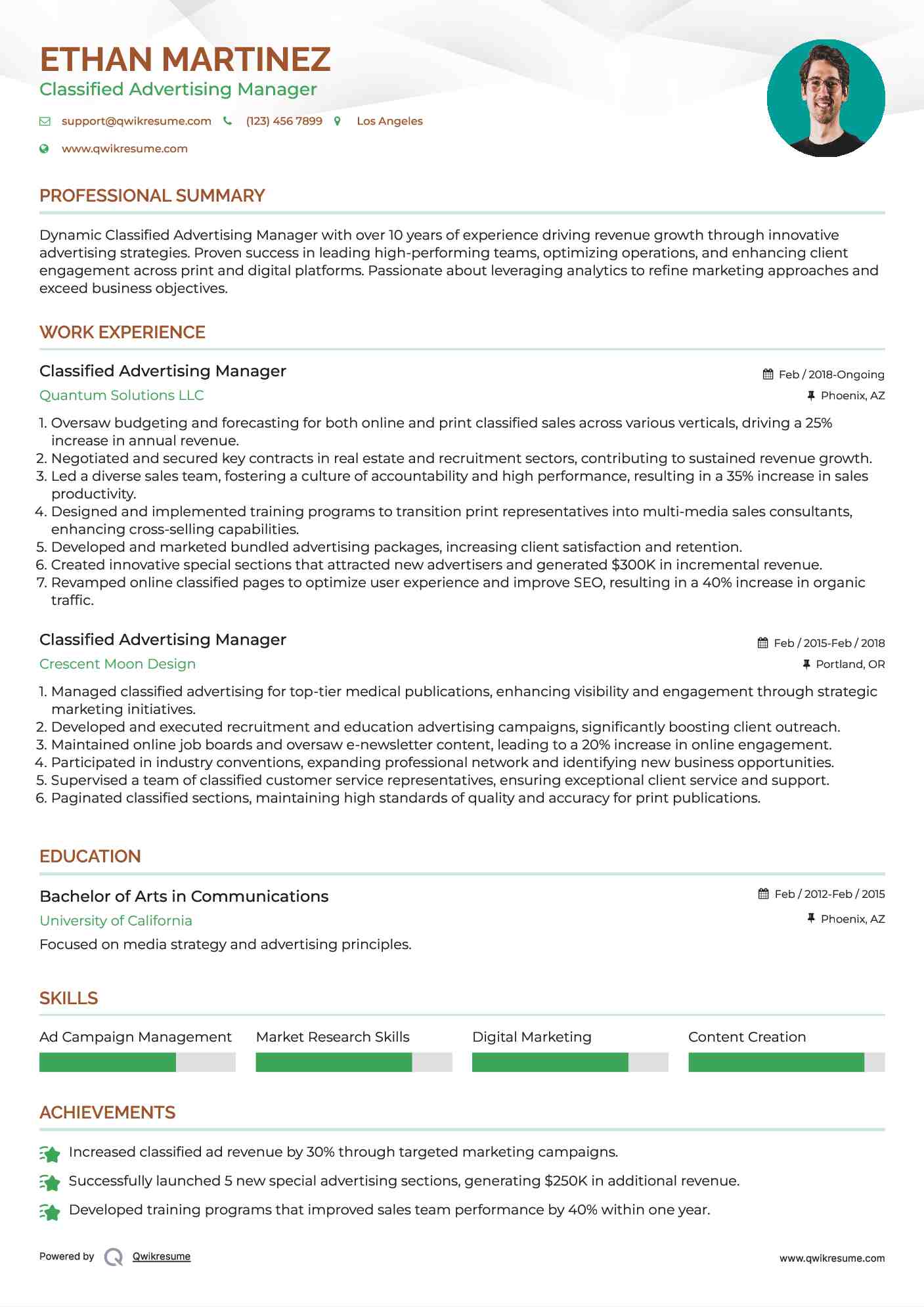 Classified Advertising Manager Resume Format