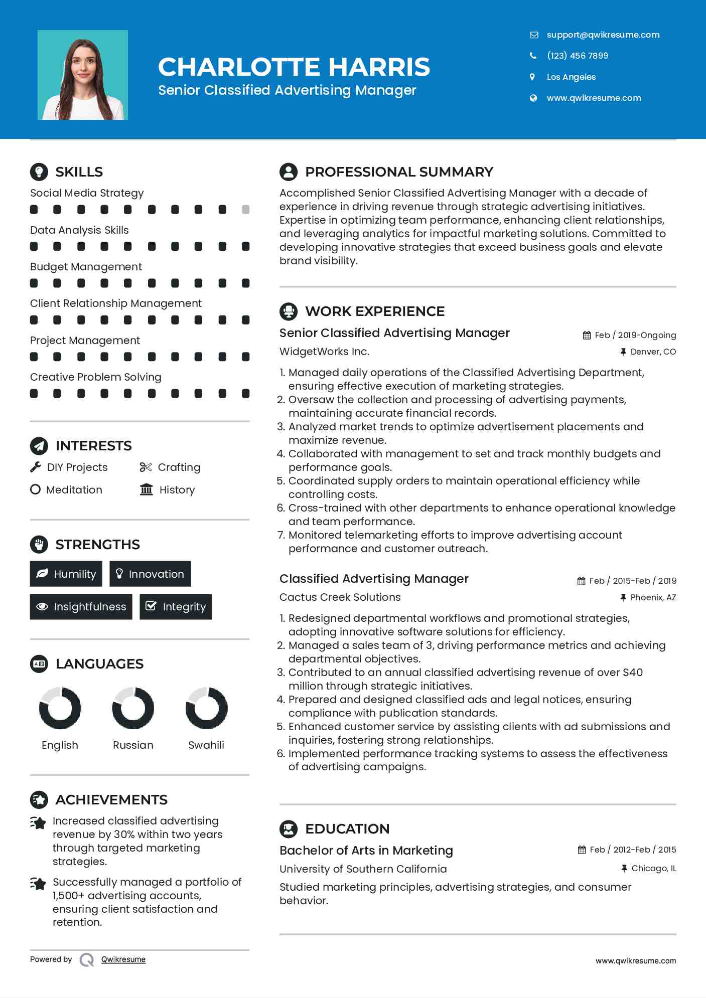 Senior Classified Advertising Manager Resume Model