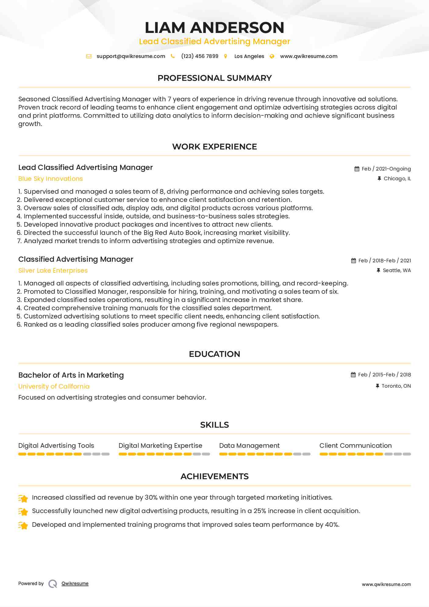 Lead Classified Advertising Manager Resume Sample