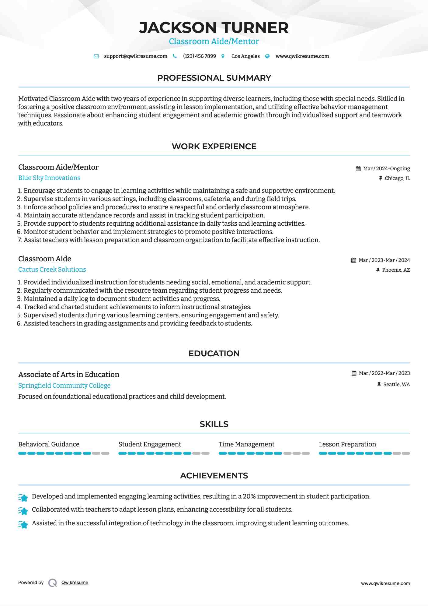 Classroom Aide/Mentor Resume Example