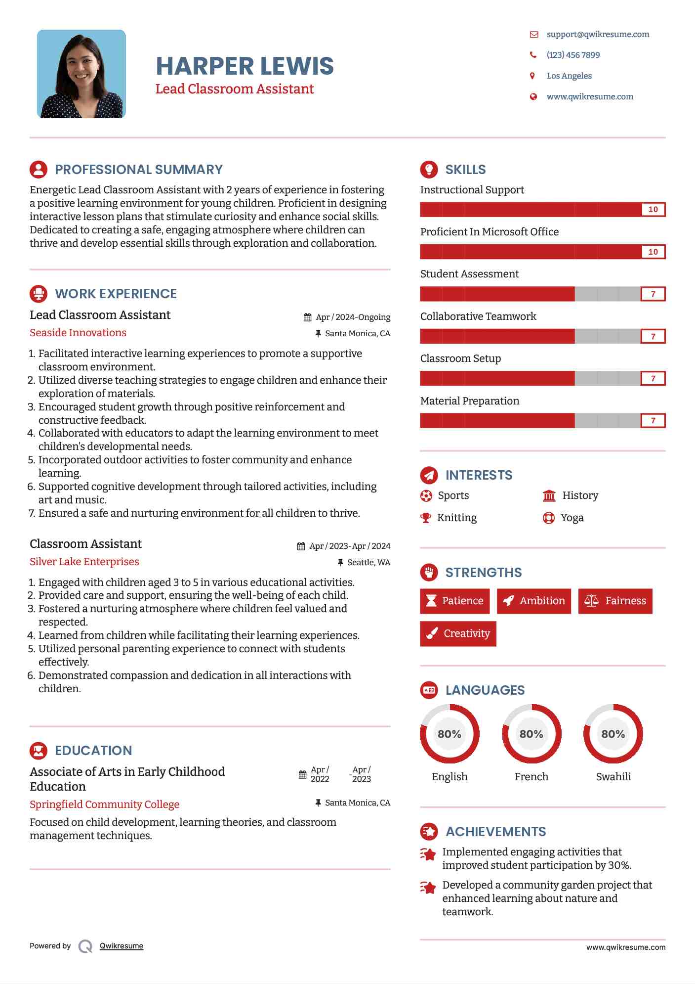 Lead Classroom Assistant Resume Sample