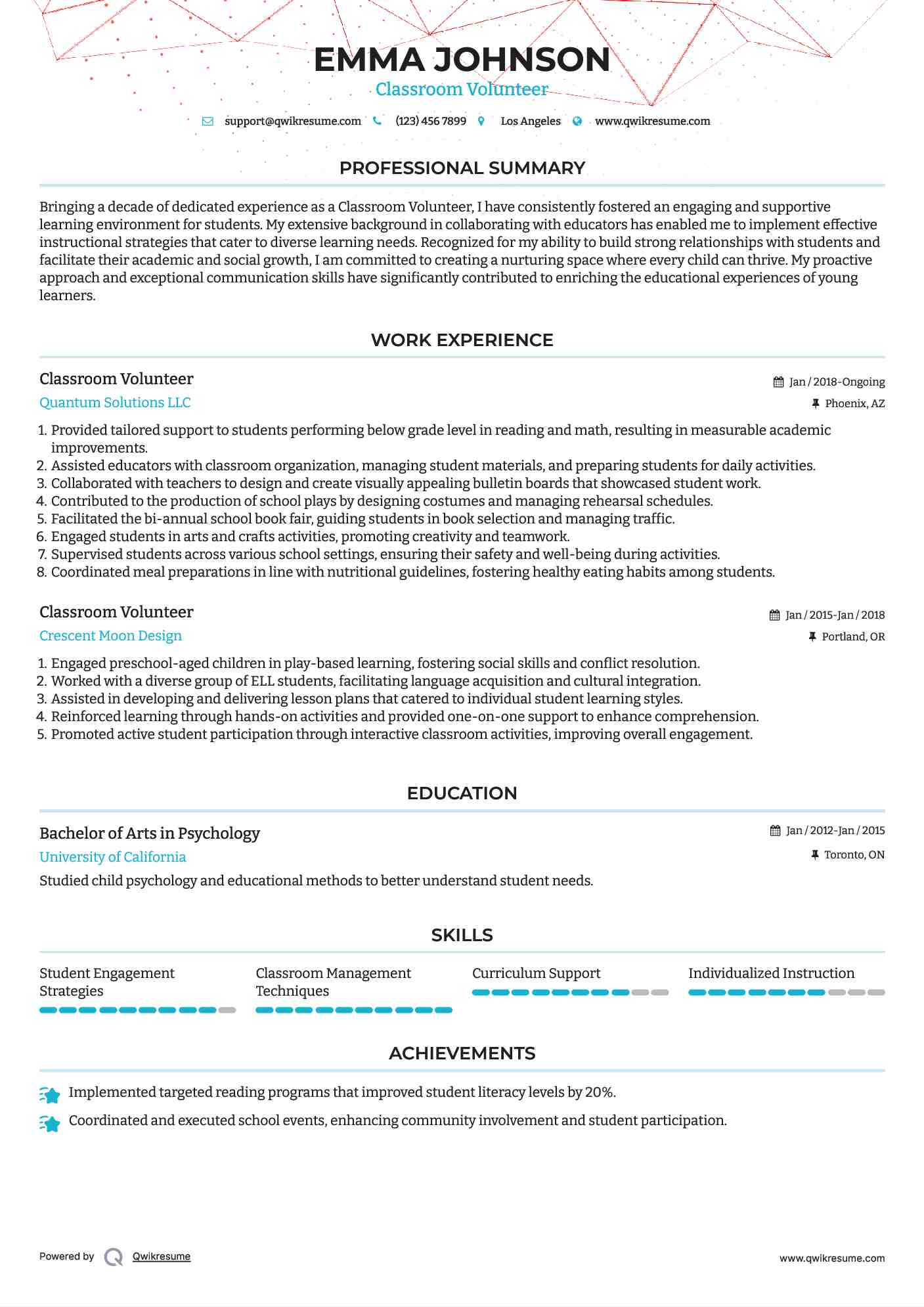 Classroom Volunteer Resume Sample